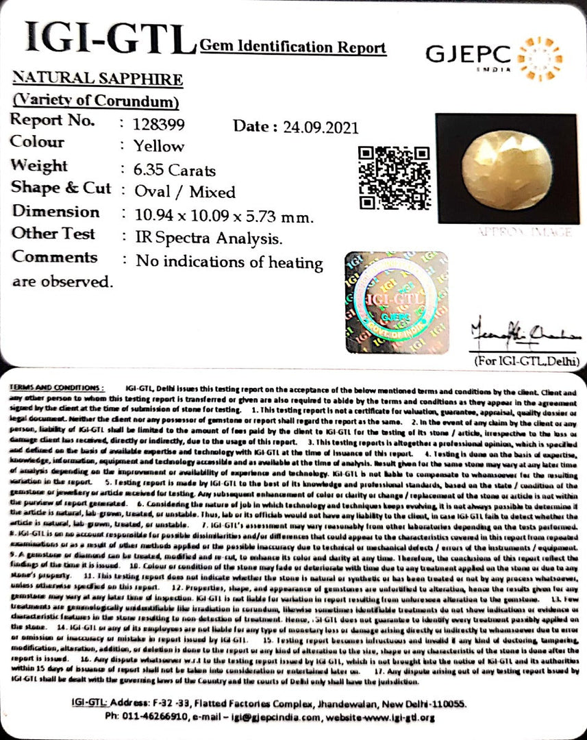 6.35/CT Natural Yellow Sapphire with Govt Lab Certificate-(1221)
