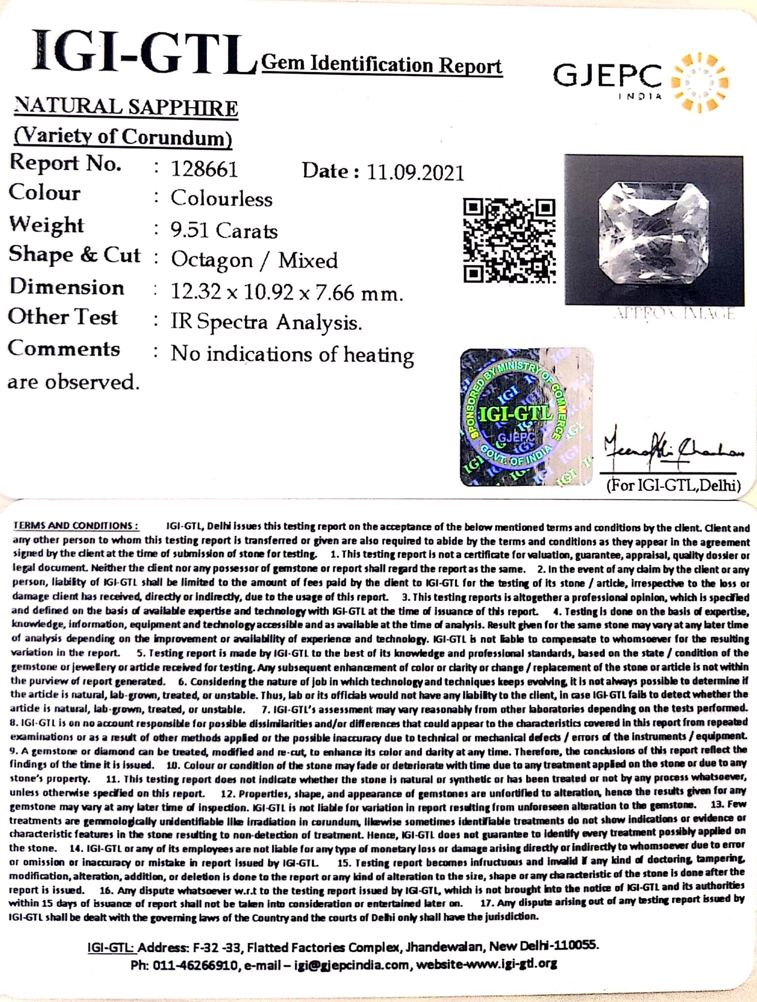 9.51/CT Natural White Sapphire with Govt Lab Certificate-128661