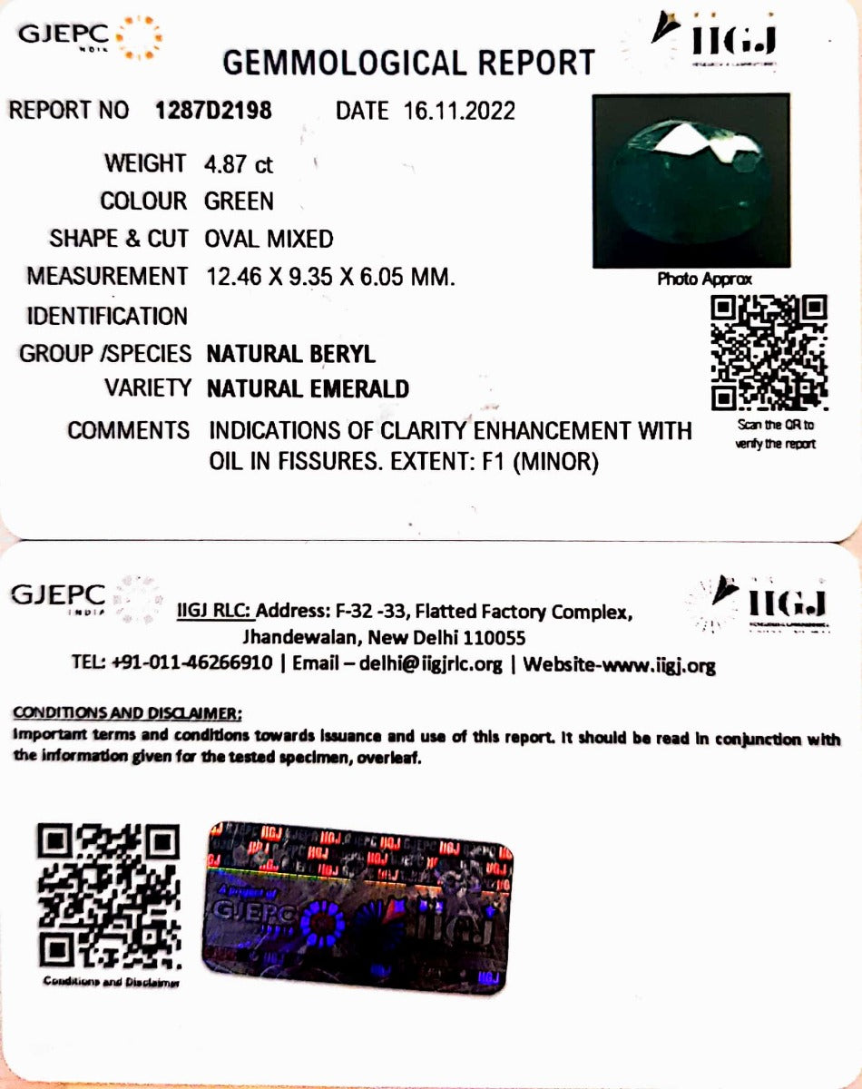 4.87/CT Natural Panna Stone with Govt. Lab Certified