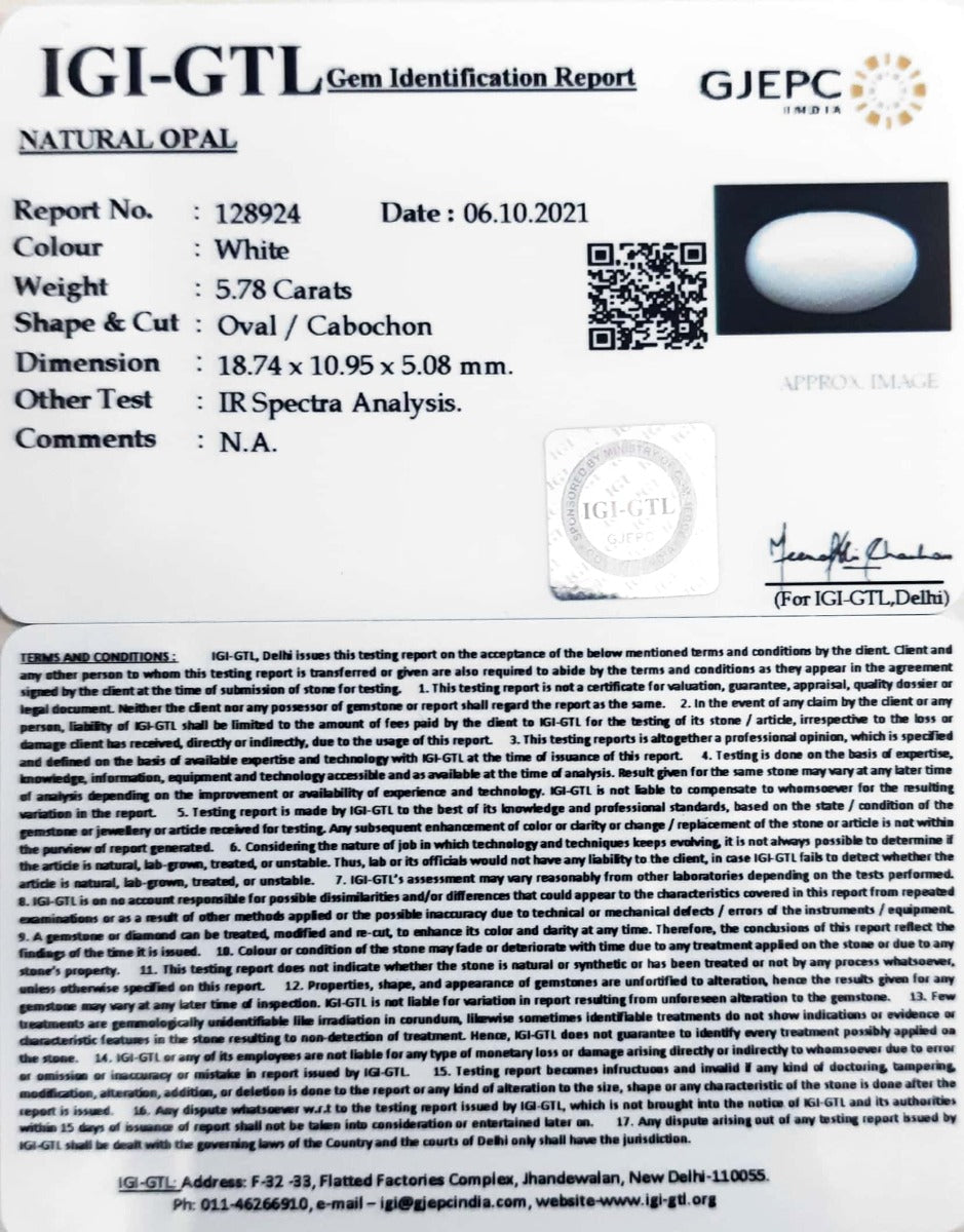 6.14 Ratti Natural Opal with Govt. Lab Certificate
