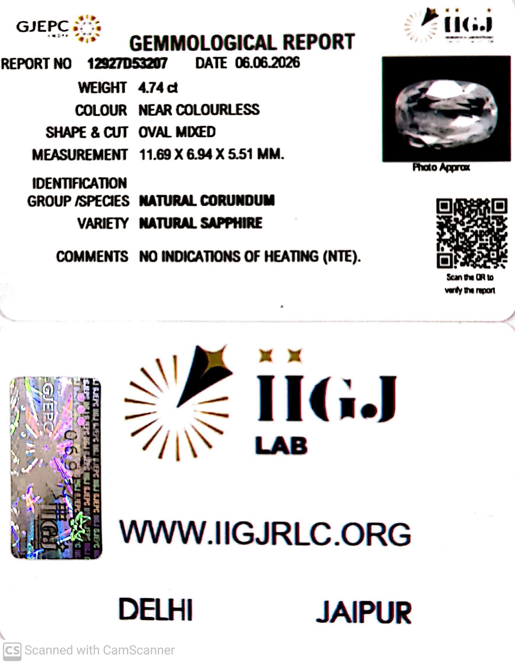 4.74/CT Natural White Sapphire with Govt Lab Certificate-12927D53207