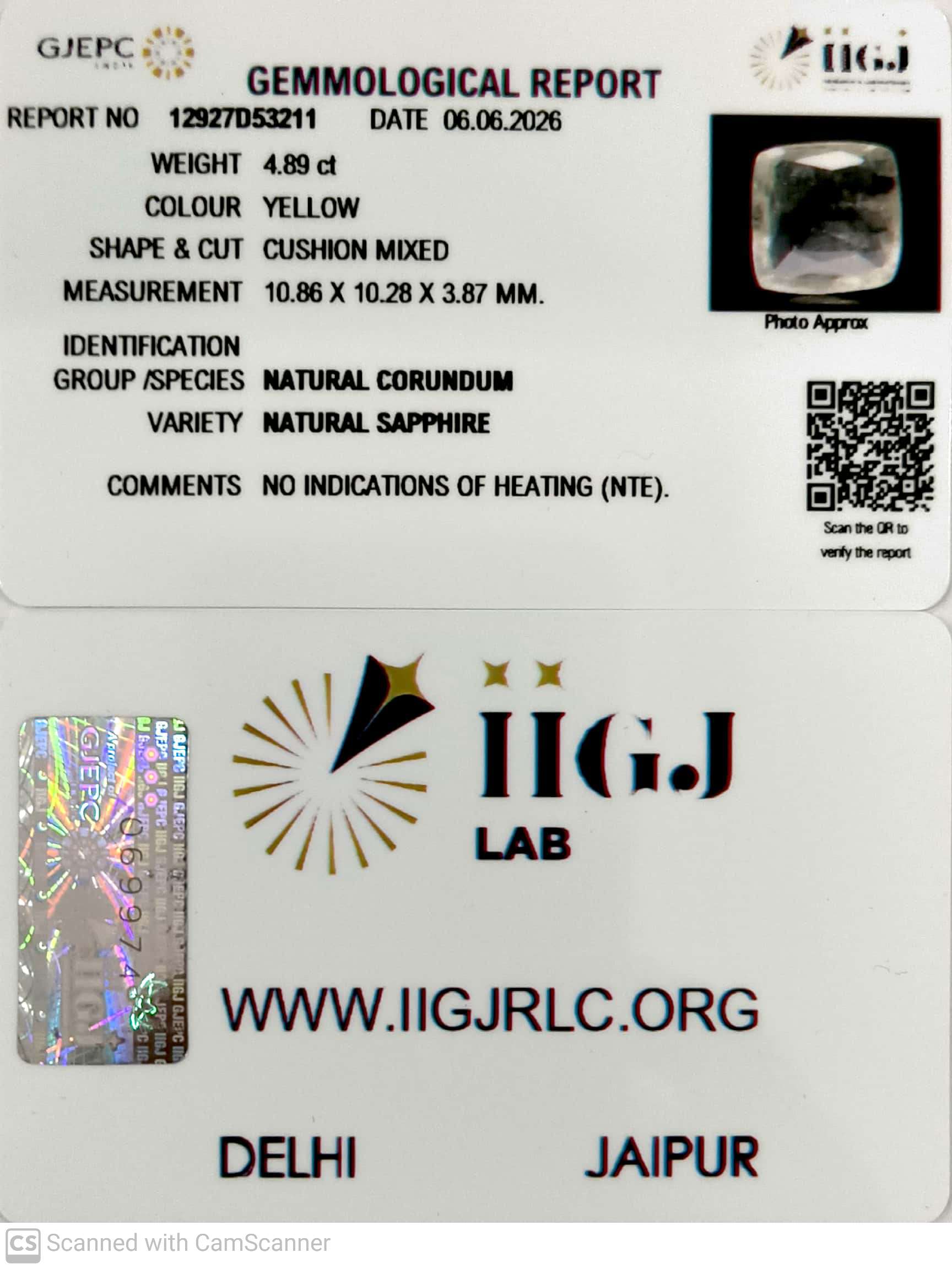 4.89/CT Natural Yellow Sapphire With Govt Lab Certificate-12927D53211