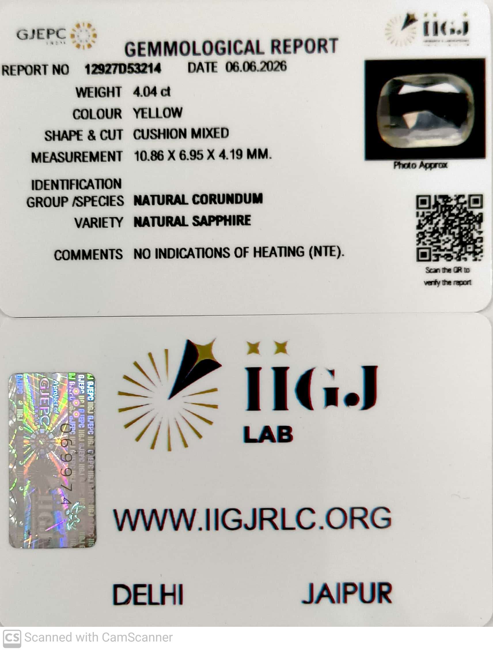 4.04/CT Natural Yellow Sapphire With Govt Lab Certificate-12927D53214