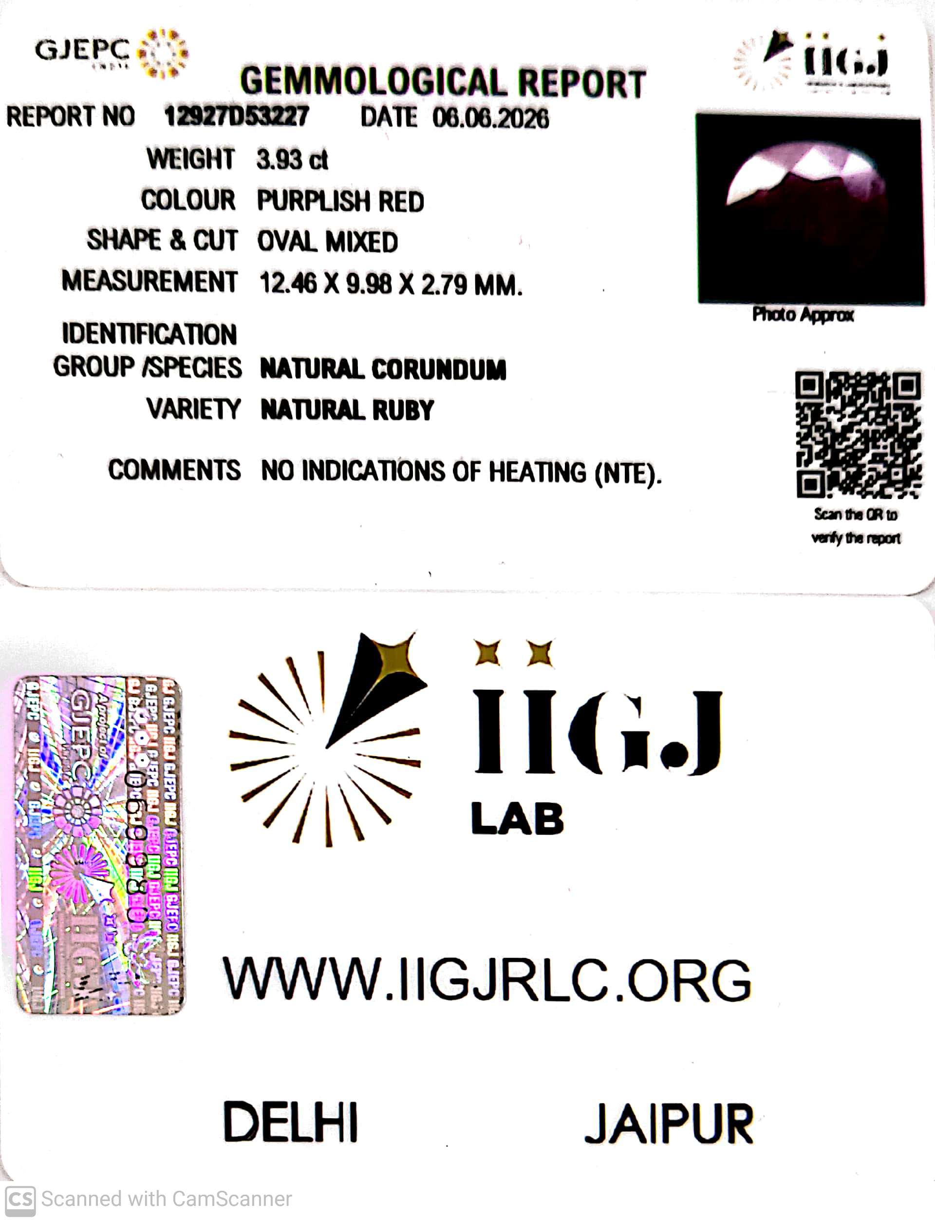 3.93/CT Natural Ruby Stone with Govt. Lab Certificate-12927D53227