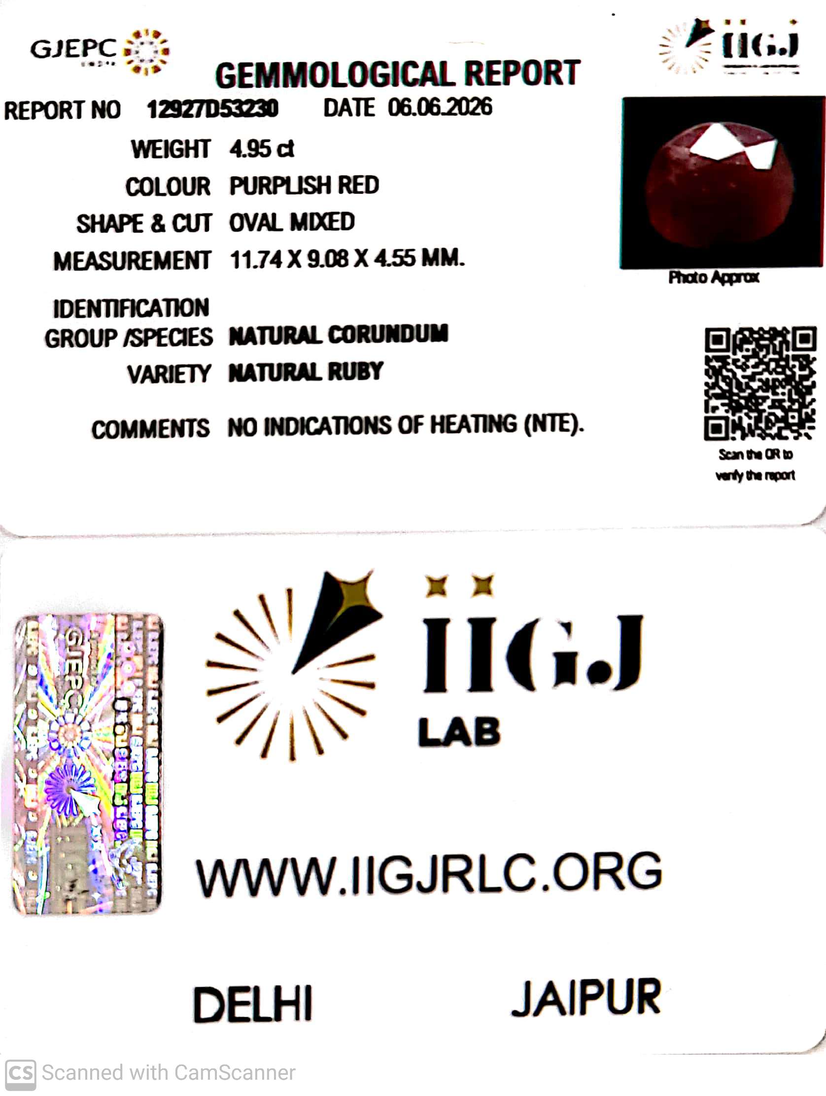 4.95/CT Natural Ruby Stone with Govt. Lab Certificate-12927D53230