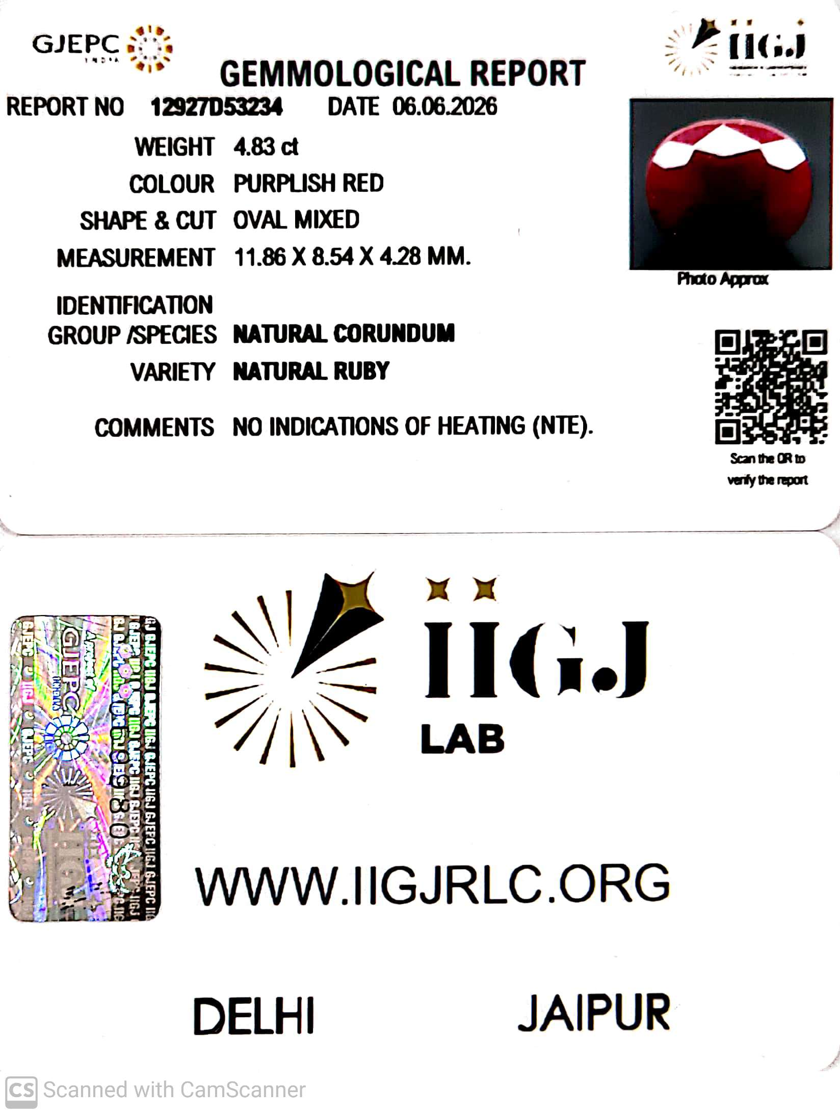 4.83/CT Natural Ruby Stone with Govt. Lab Certificate-12927D53234