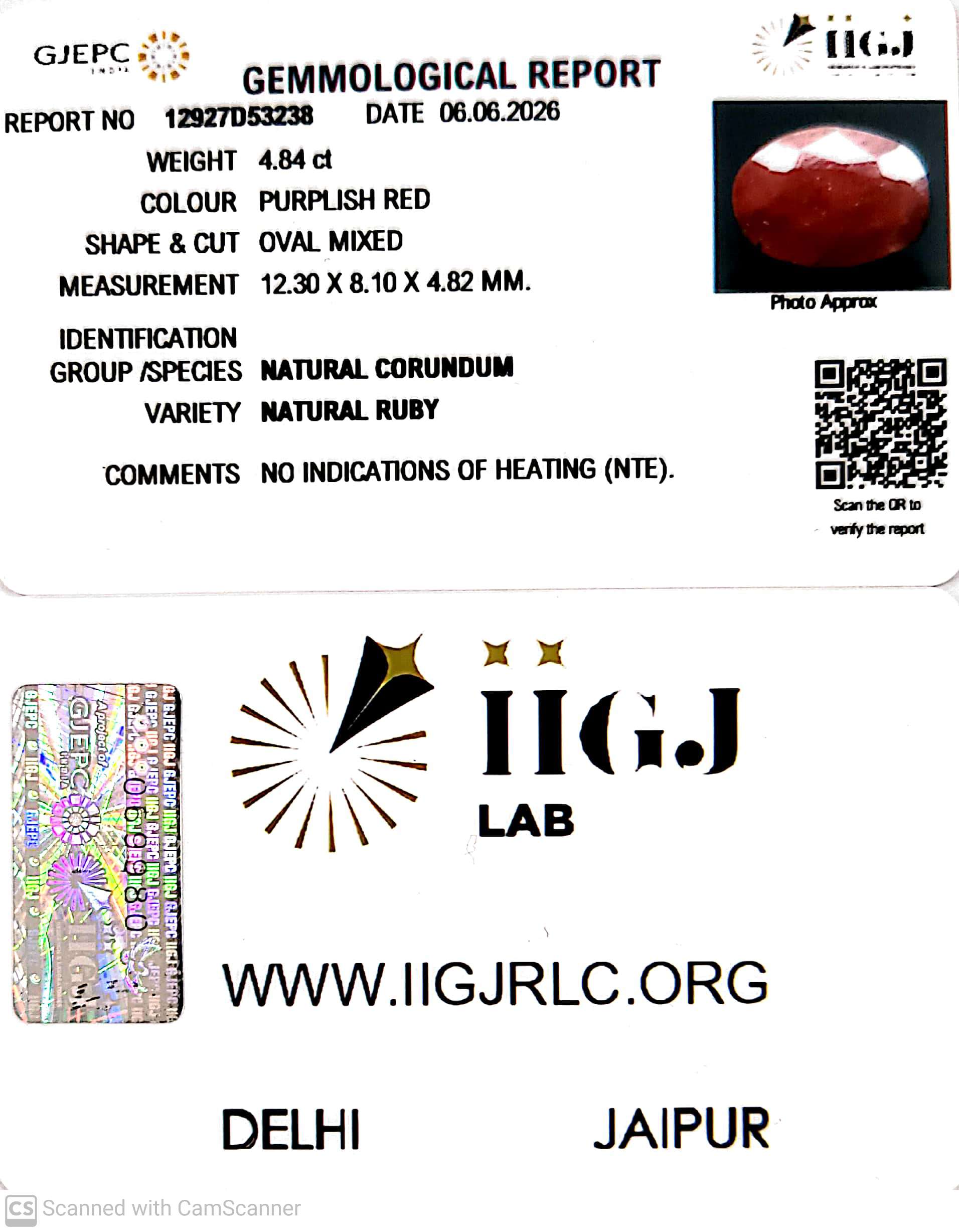 4.84/CT Natural Ruby Stone with Govt. Lab Certificate-12927D53238