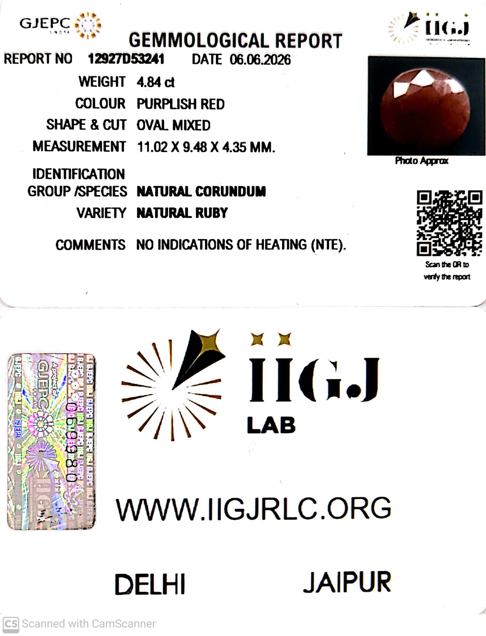 4.84/CT Natural Ruby Stone with Govt. Lab Certificate-12927D53241