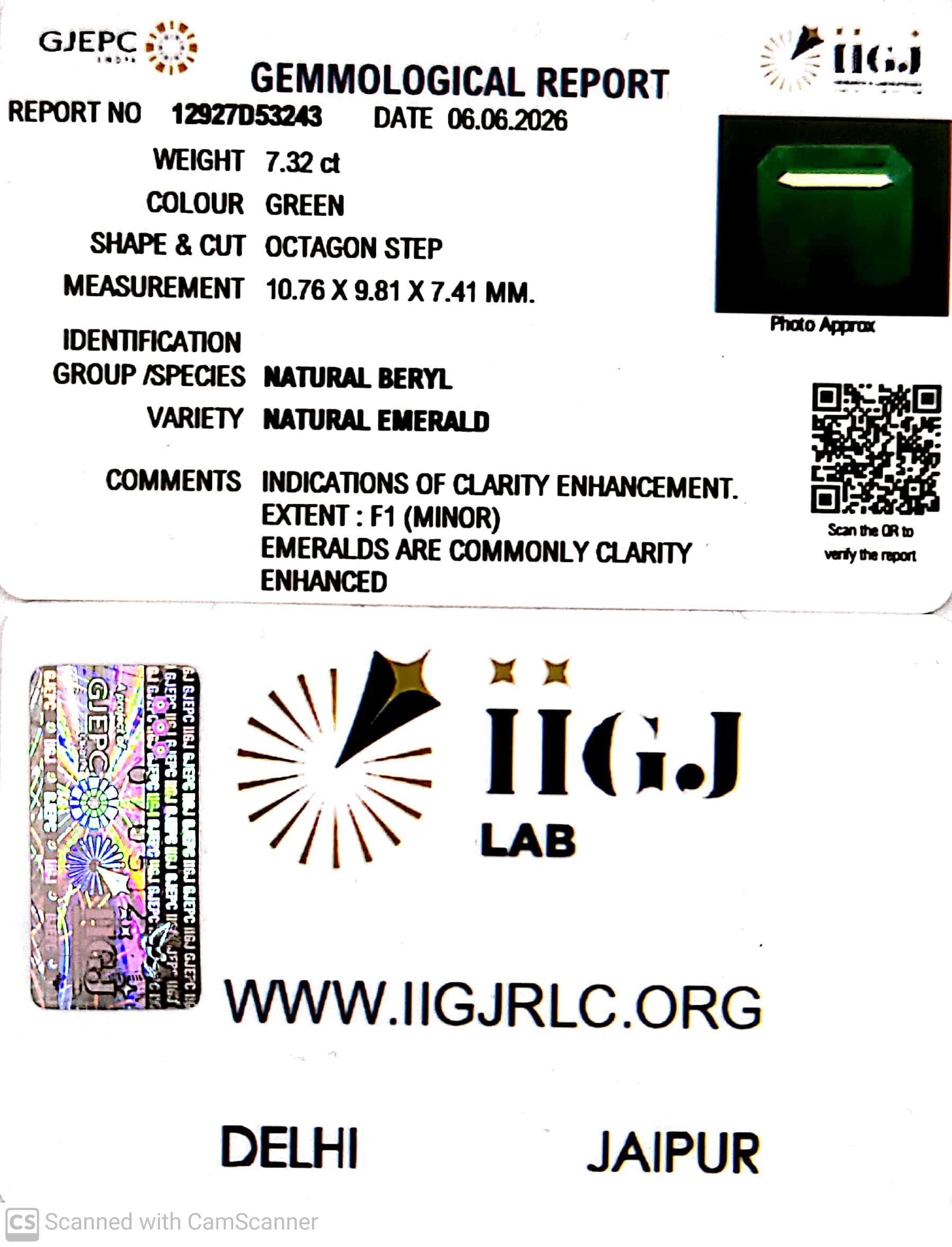 7.32/CT Natural Panna Stone with Govt. Lab Certificate-12927D53243