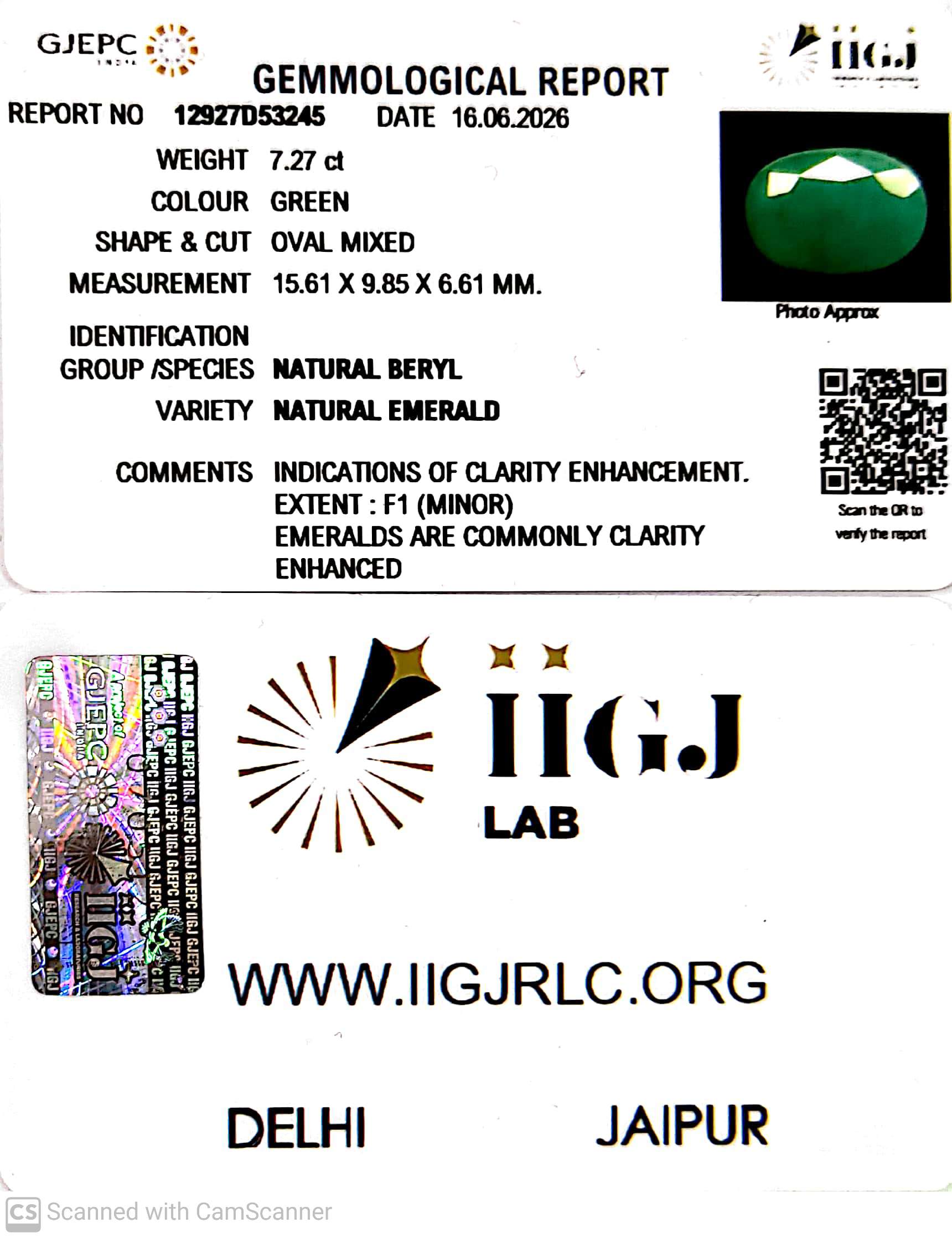 7.27/CT Natural Panna Stone with Govt. Lab Certificate-12927D53245