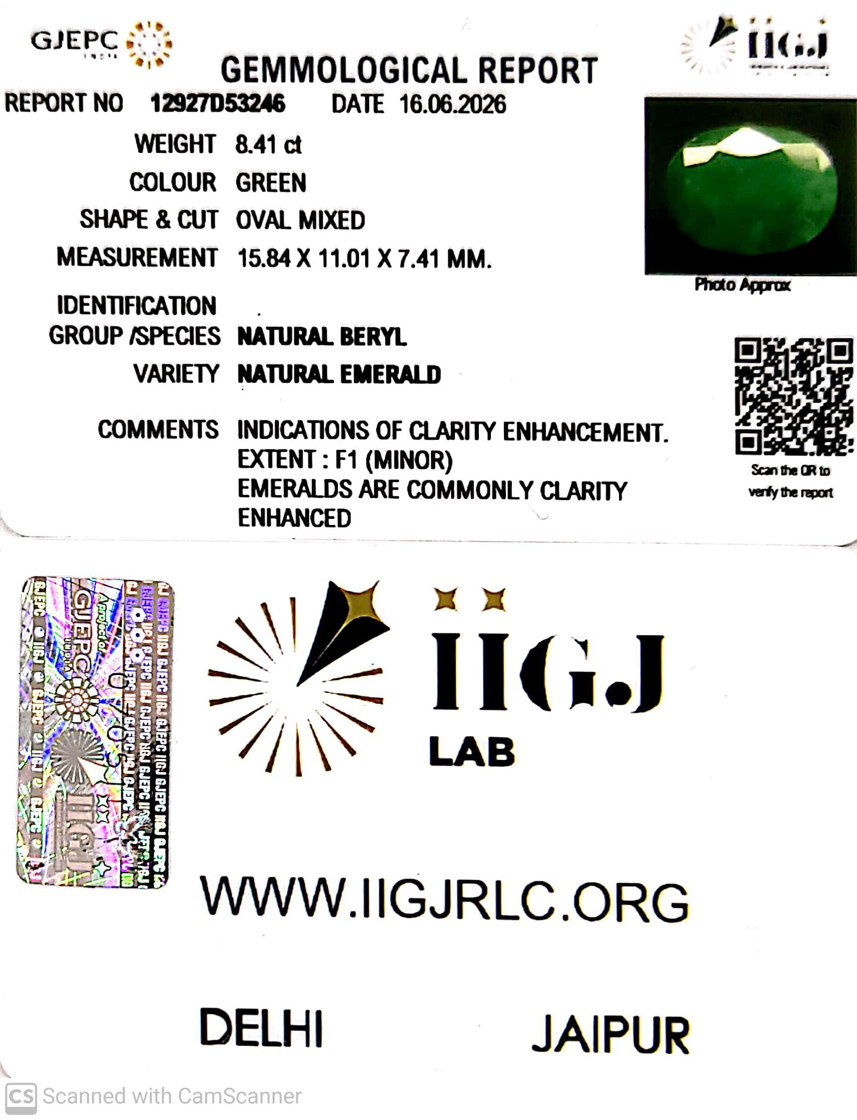 8.41/CT Natural Panna Stone with Govt. Lab Certificate-12927D53246