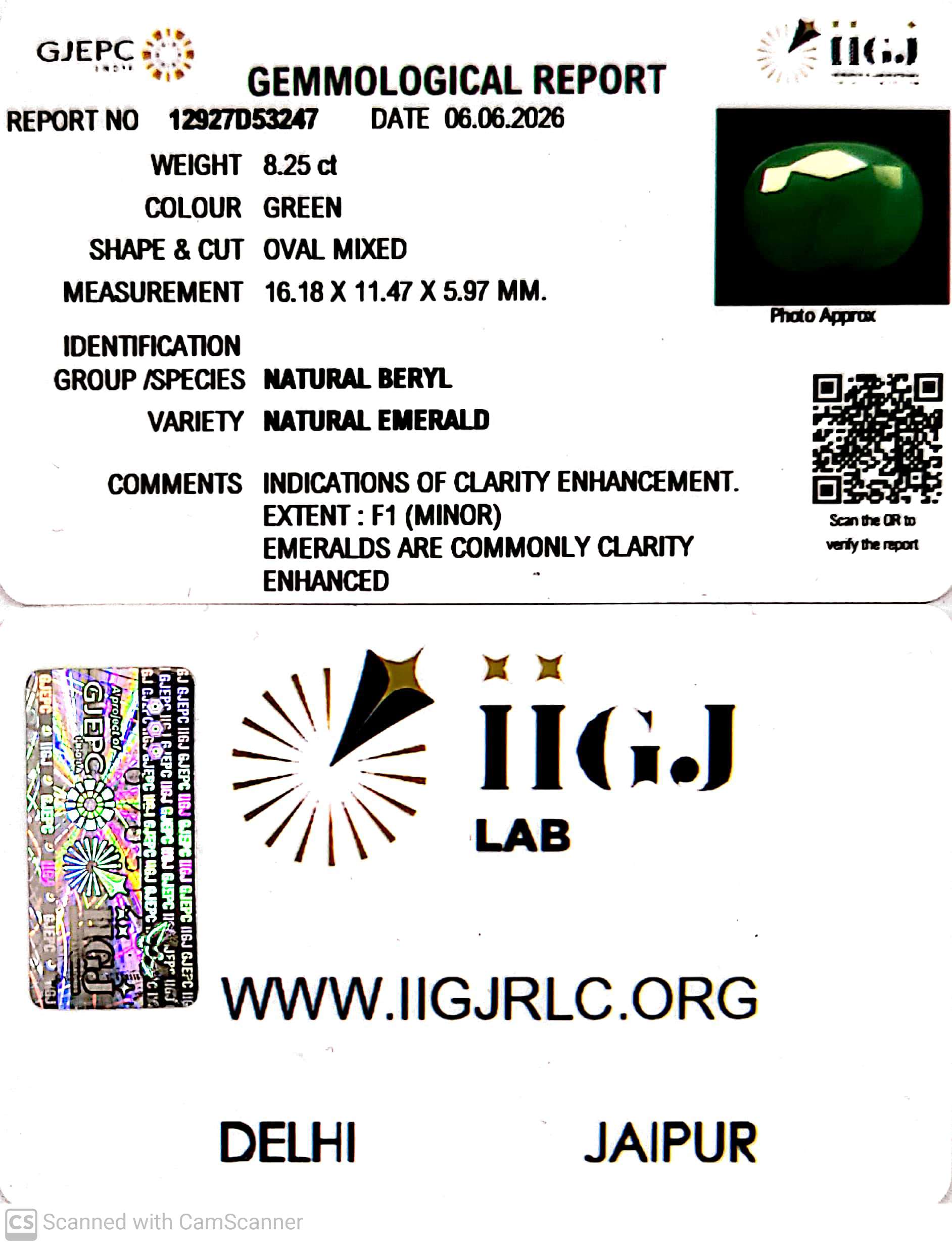 8.25/CT Natural Panna Stone with Govt. Lab Certificate-12927D53247