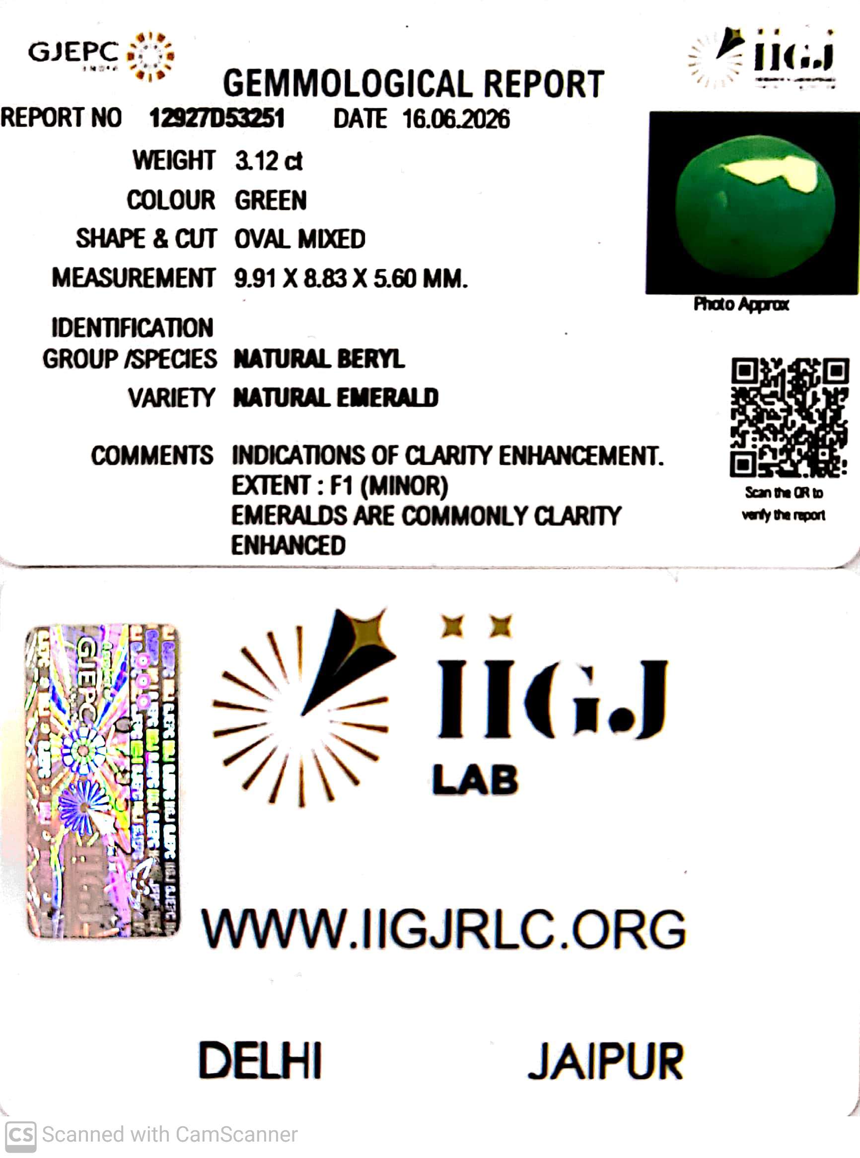 3.12/CT Natural Panna Stone with Govt. Lab Certificate-12927D53251