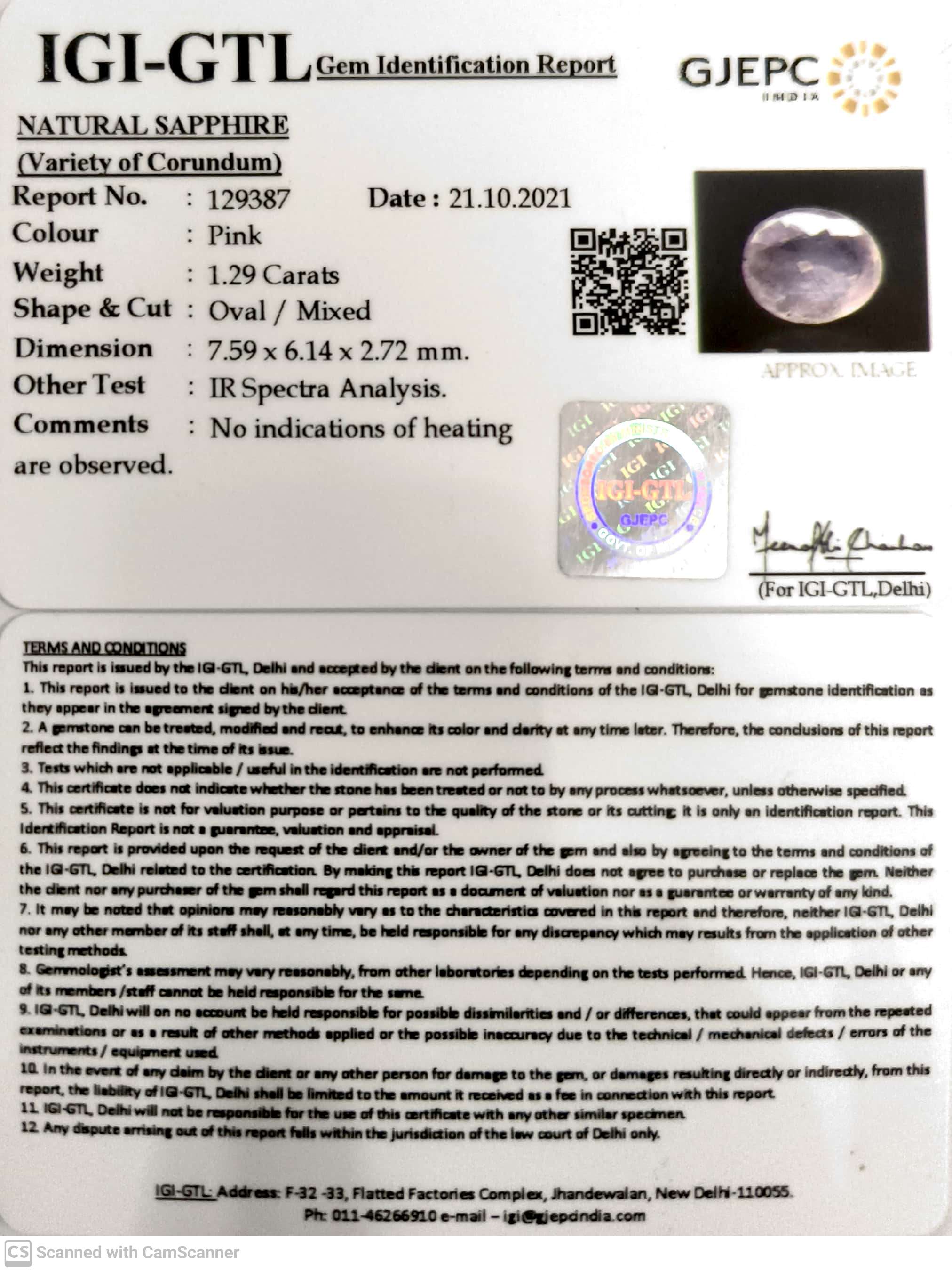 1.29/CT Natural Pink Sapphire with Govt Lab Certificate (8991)