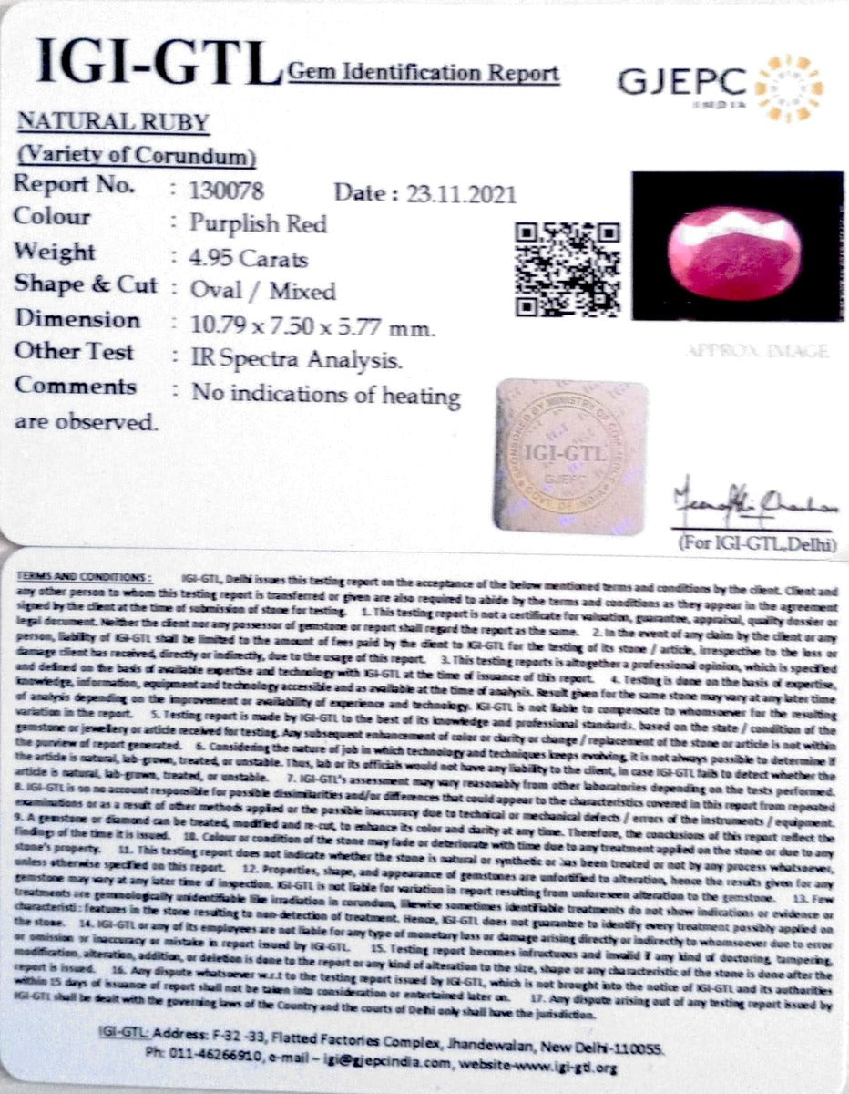 4.95/CT Natural New Burma Ruby with Govt. Lab Certificate