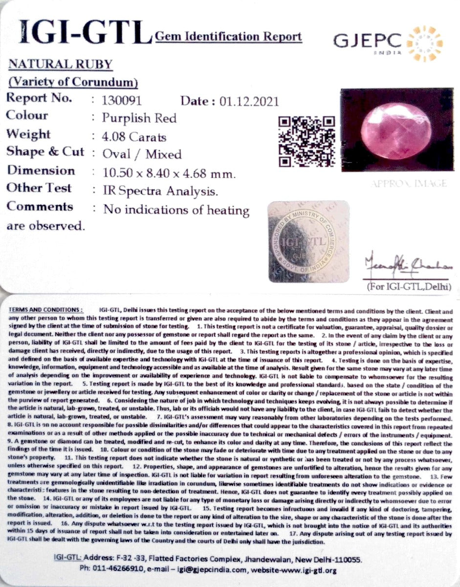4.52 Ratti Natural New Burma Ruby with Govt. Lab Certificate-(4551)