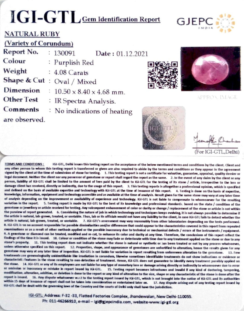 4.52 Ratti Natural New Burma Ruby with Govt. Lab Certificate-(4551)