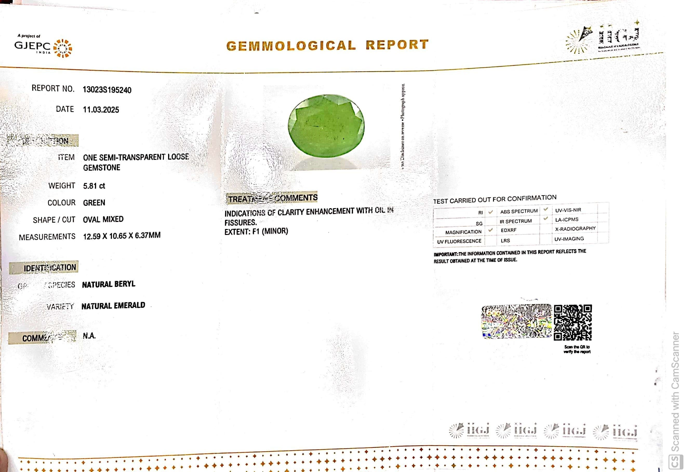 Certified 5.81/CT Natural Panna Gemstone (Govt. Lab)