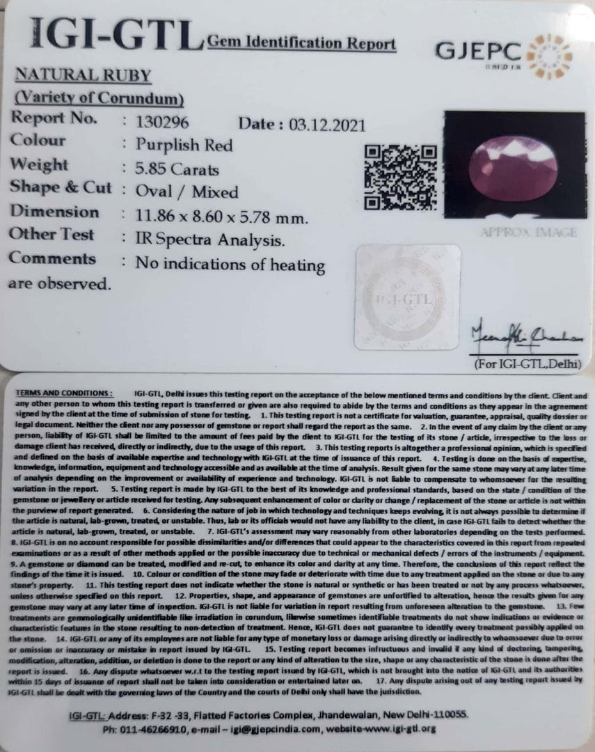 6.49 Ratti Natural New Burma Ruby with Govt. Lab Certificate-(3441)