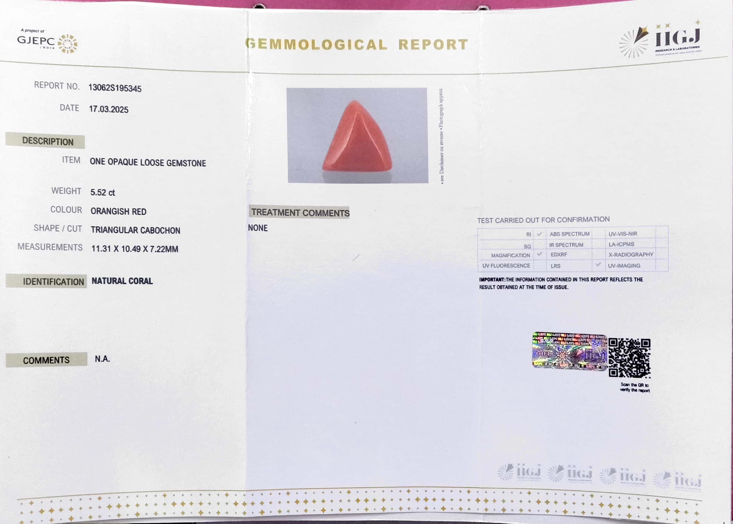 5.52/CT Natural Red Coral With Govt. Lab Certificate