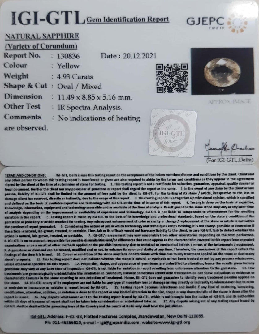 4.93/CT Natural Ceylonese Pukhraj Stone with Govt Lab Certificate-YELSA9U