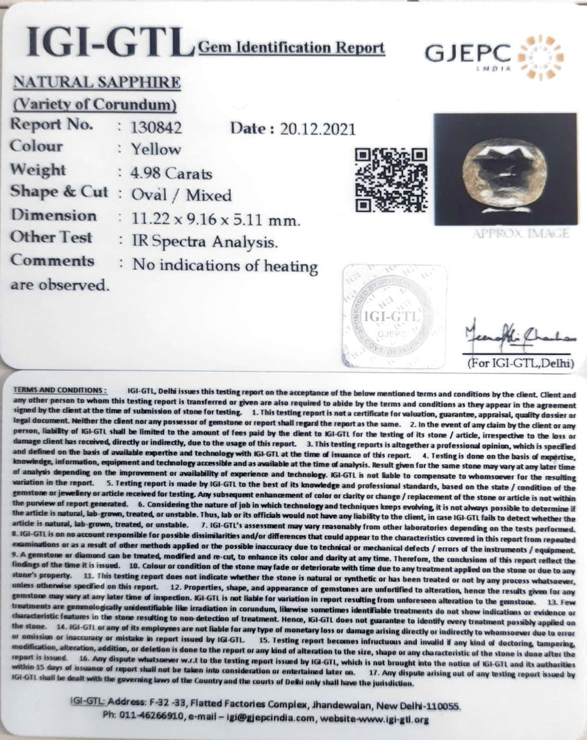 4.98/CT Natural yellow sapphire with Govt Lab Certificate-YELSA9V