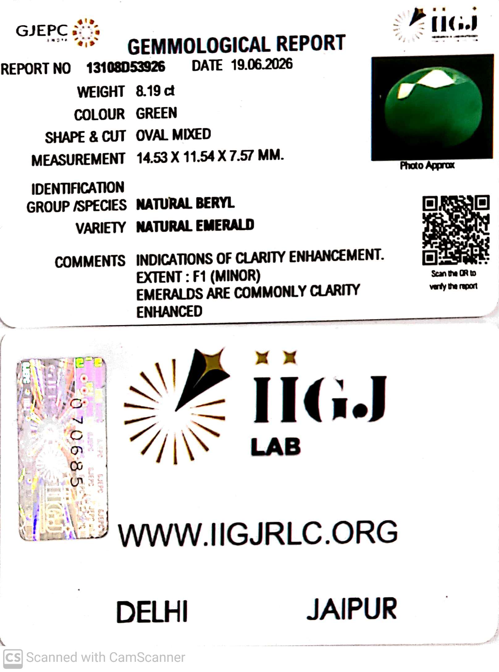 8.19/CT Natural Panna Stone with Govt. Lab Certificate-13108D53926