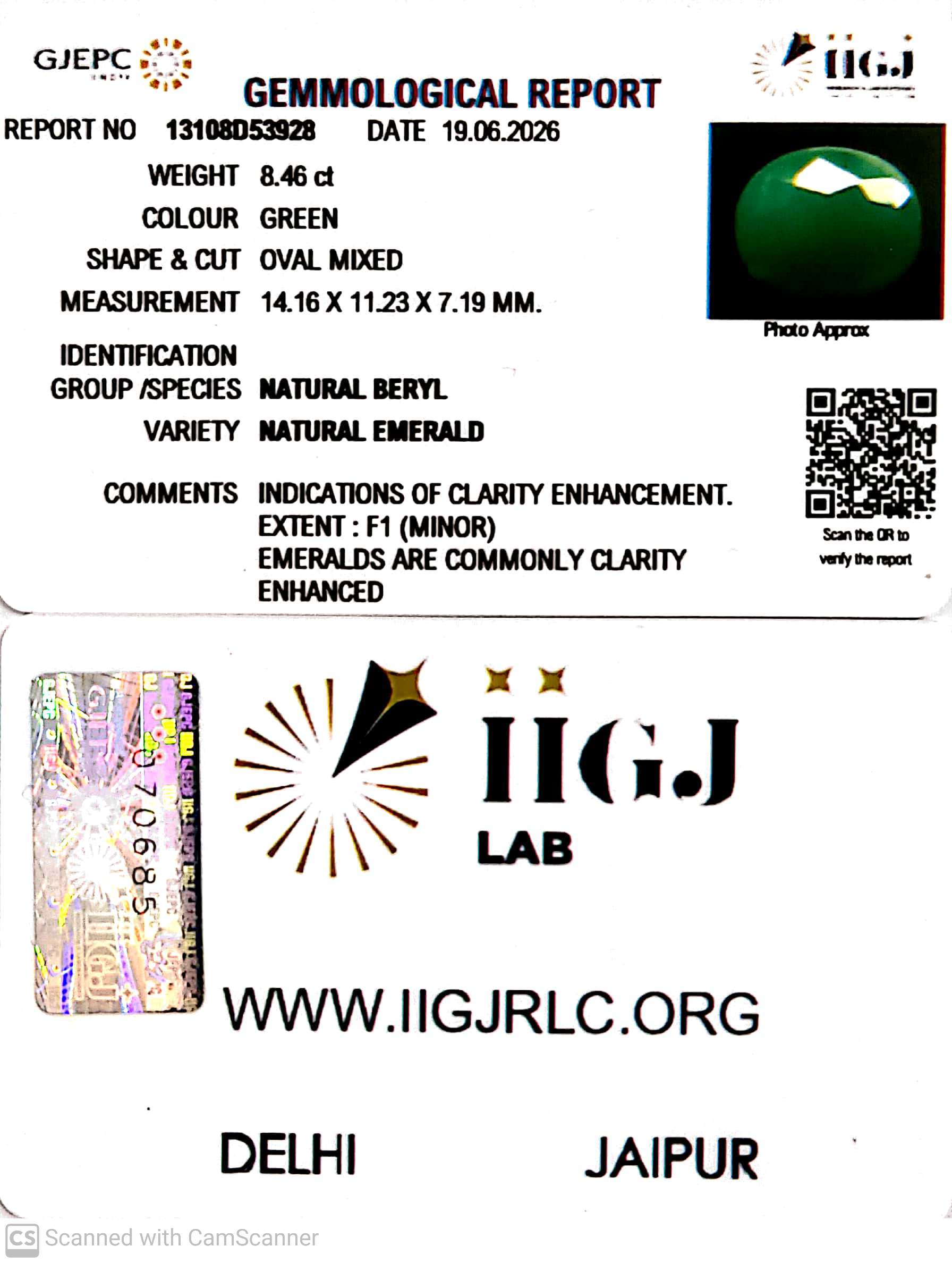 8.46/CT Natural Panna Stone with Govt. Lab Certificate-13108D53928