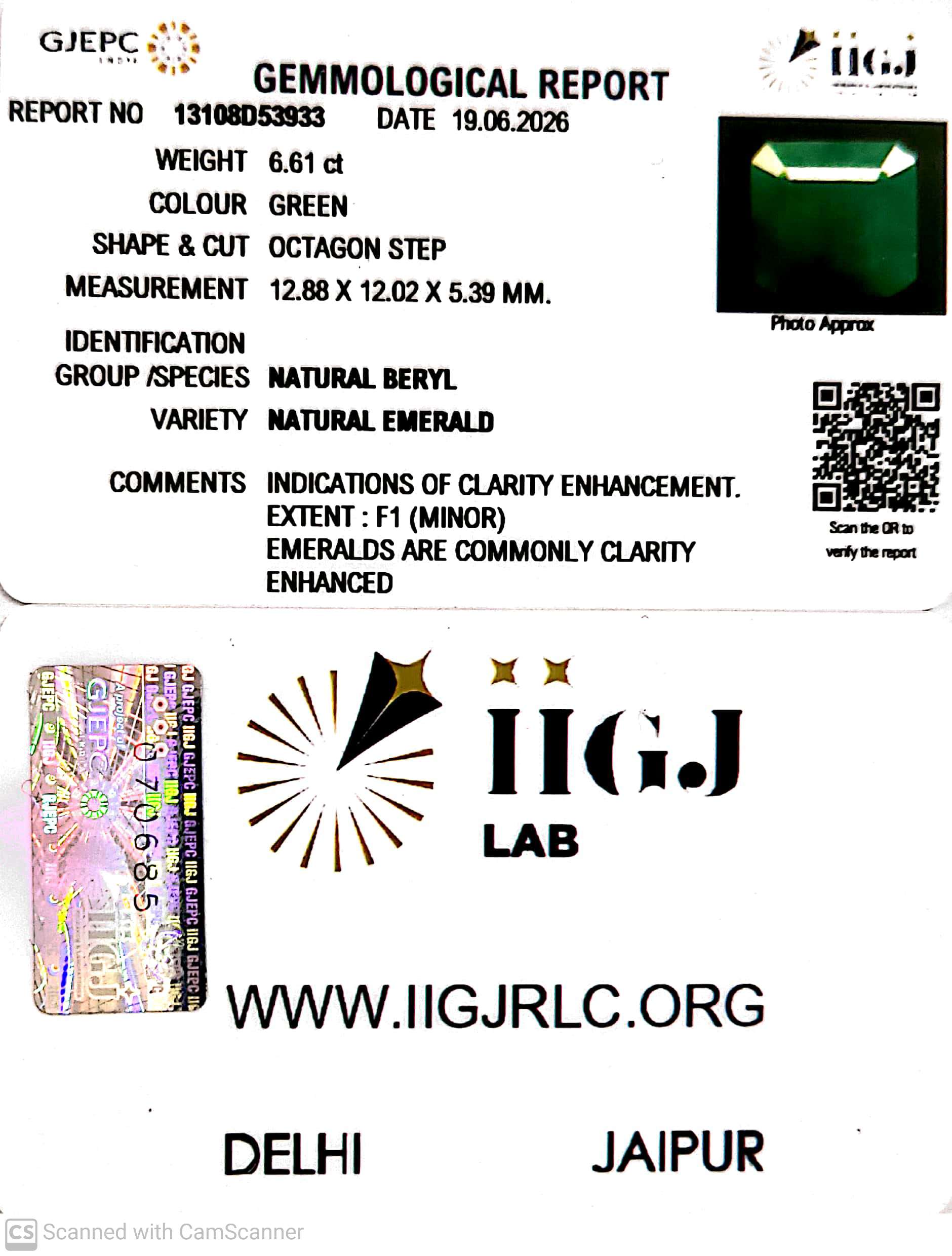 6.61/CT Natural Panna Stone with Govt. Lab Certificate-13108D53933