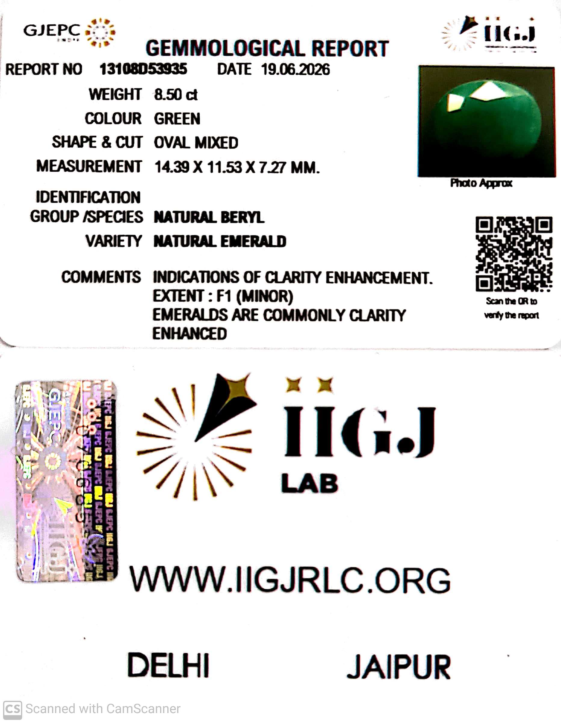 8.5/CT Natural Panna Stone with Govt. Lab Certificate-13108D53935