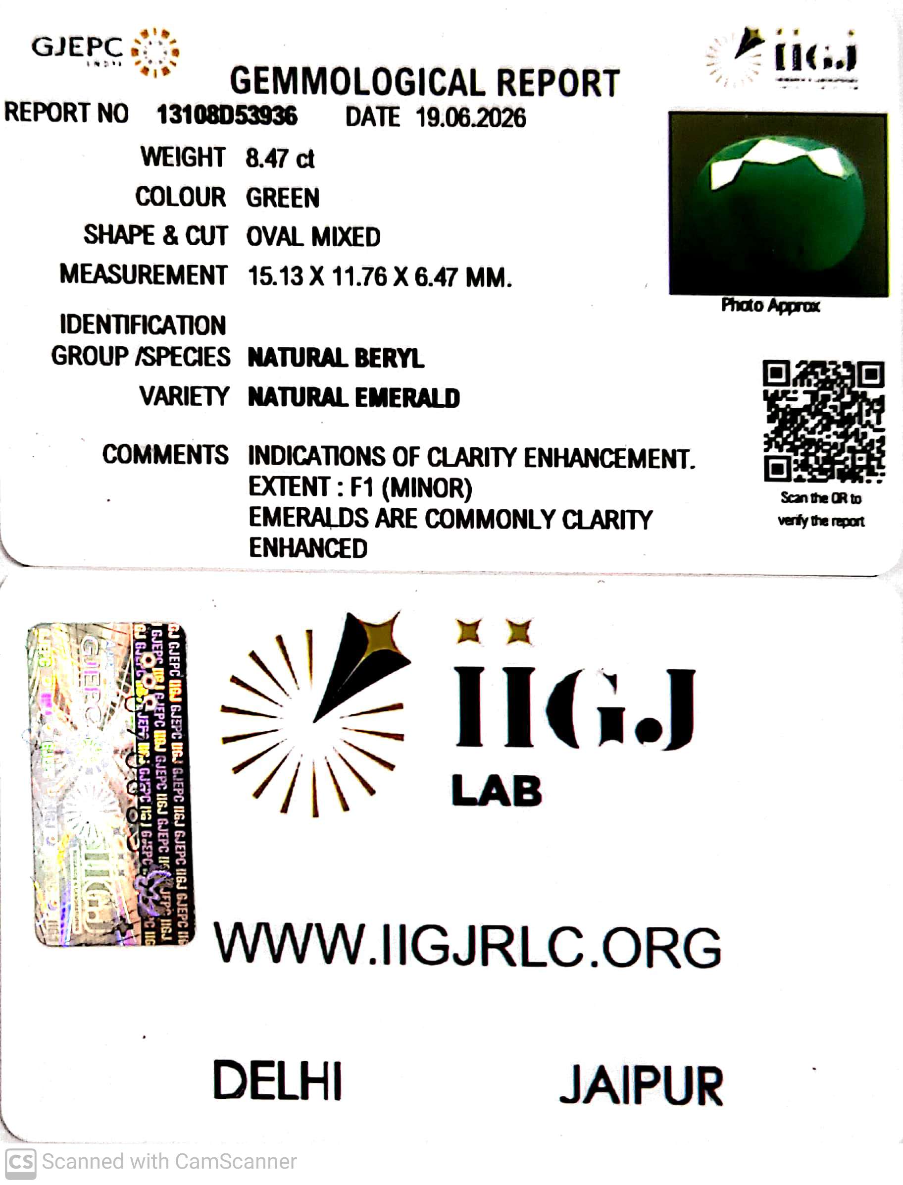 8.47/CT Natural Panna Stone with Govt. Lab Certificate-13108D53936