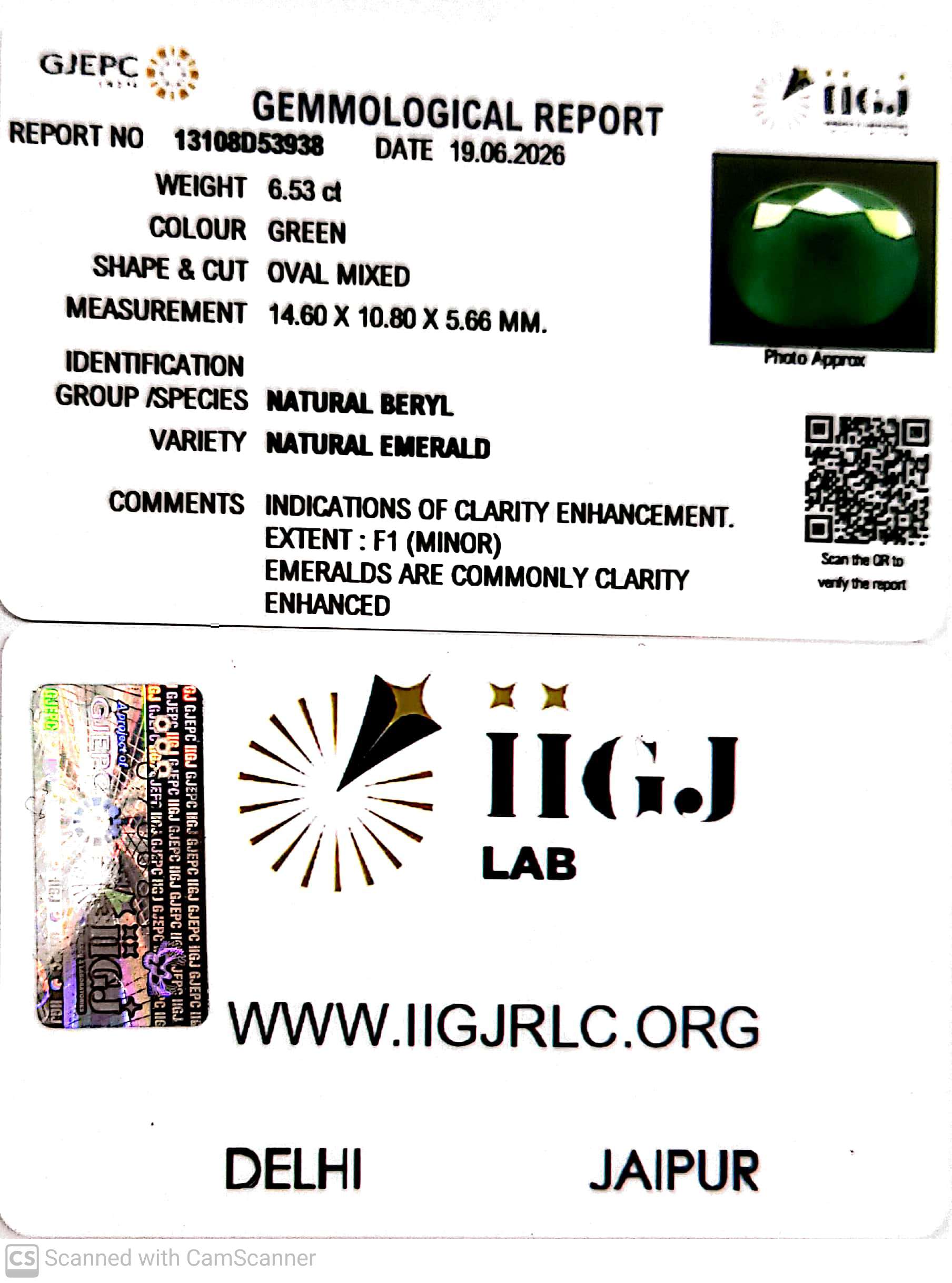 6.53/CT Natural Panna Stone with Govt. Lab Certificate-13108D53938