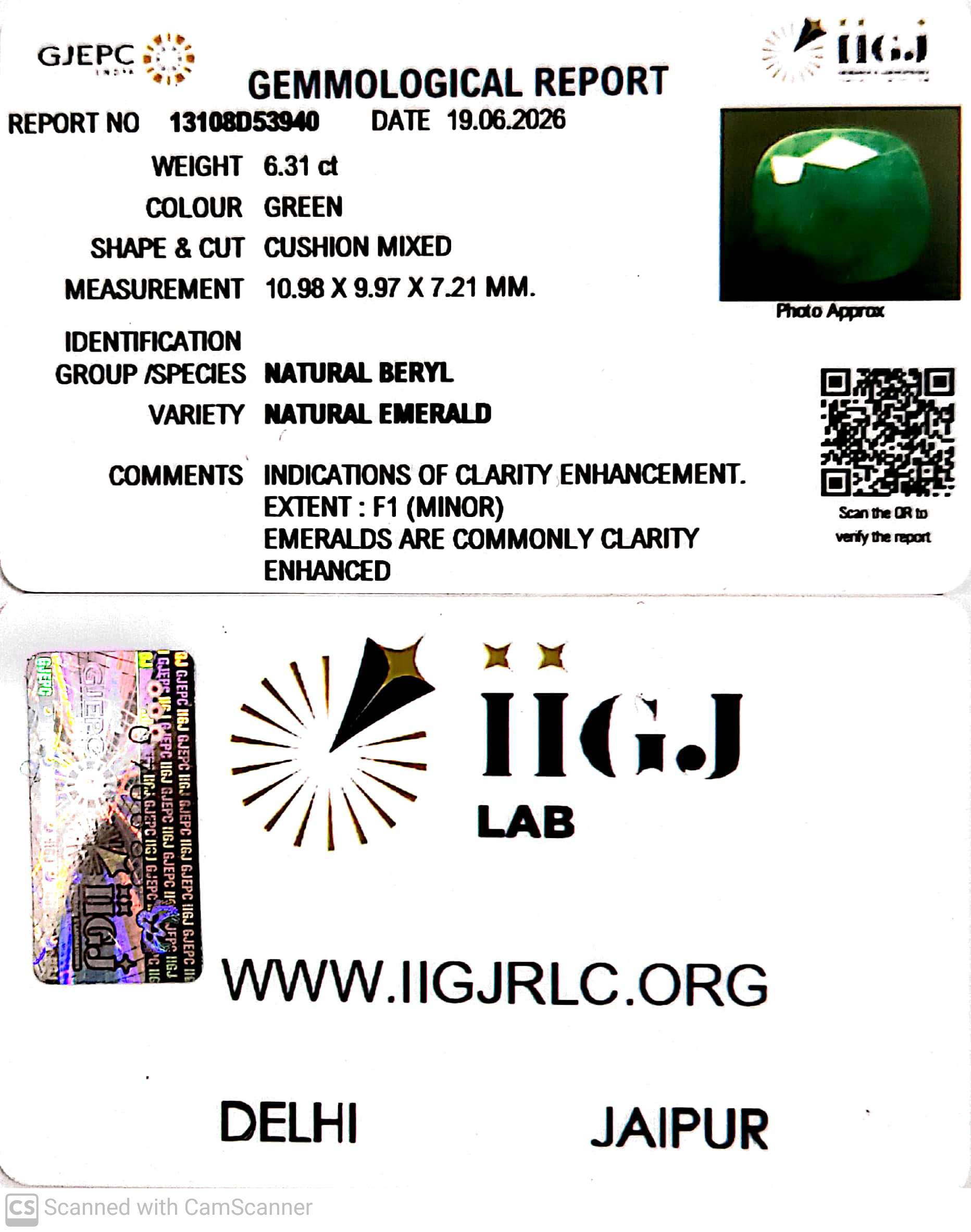 6.31/CT Natural Panna Stone with Govt. Lab Certificate-13108D53940