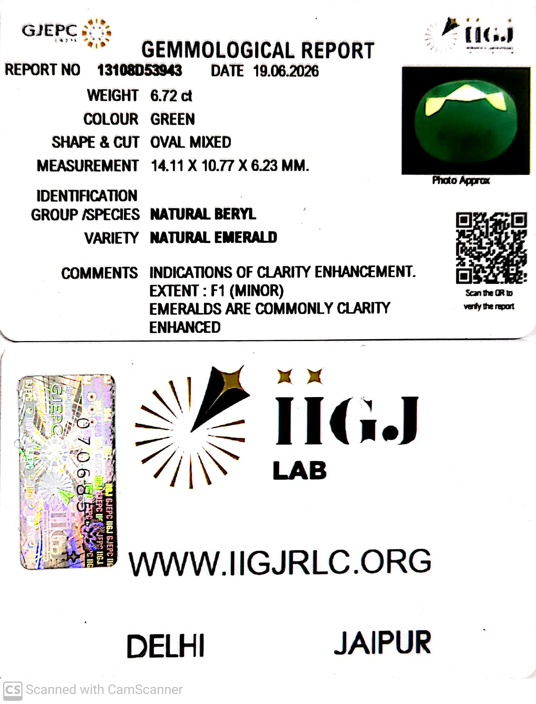 6.72/CT Natural Panna Stone with Govt. Lab Certificate-13108D53943