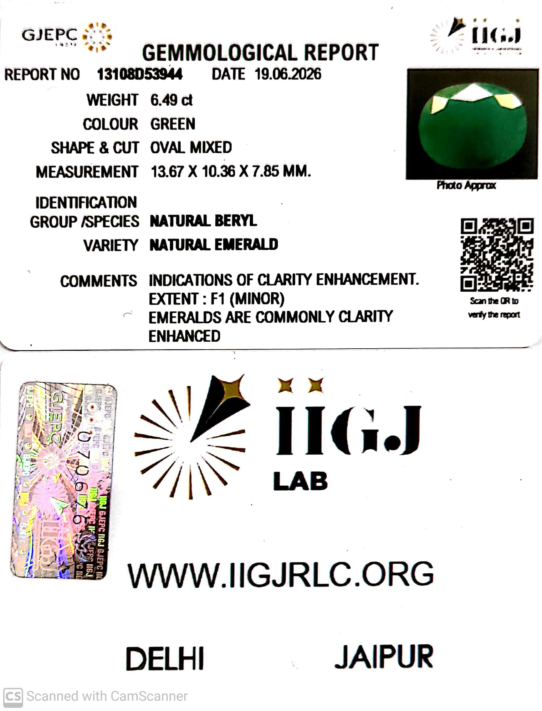 6.49/CT Natural Panna Stone with Govt. Lab Certificate-13108D53944