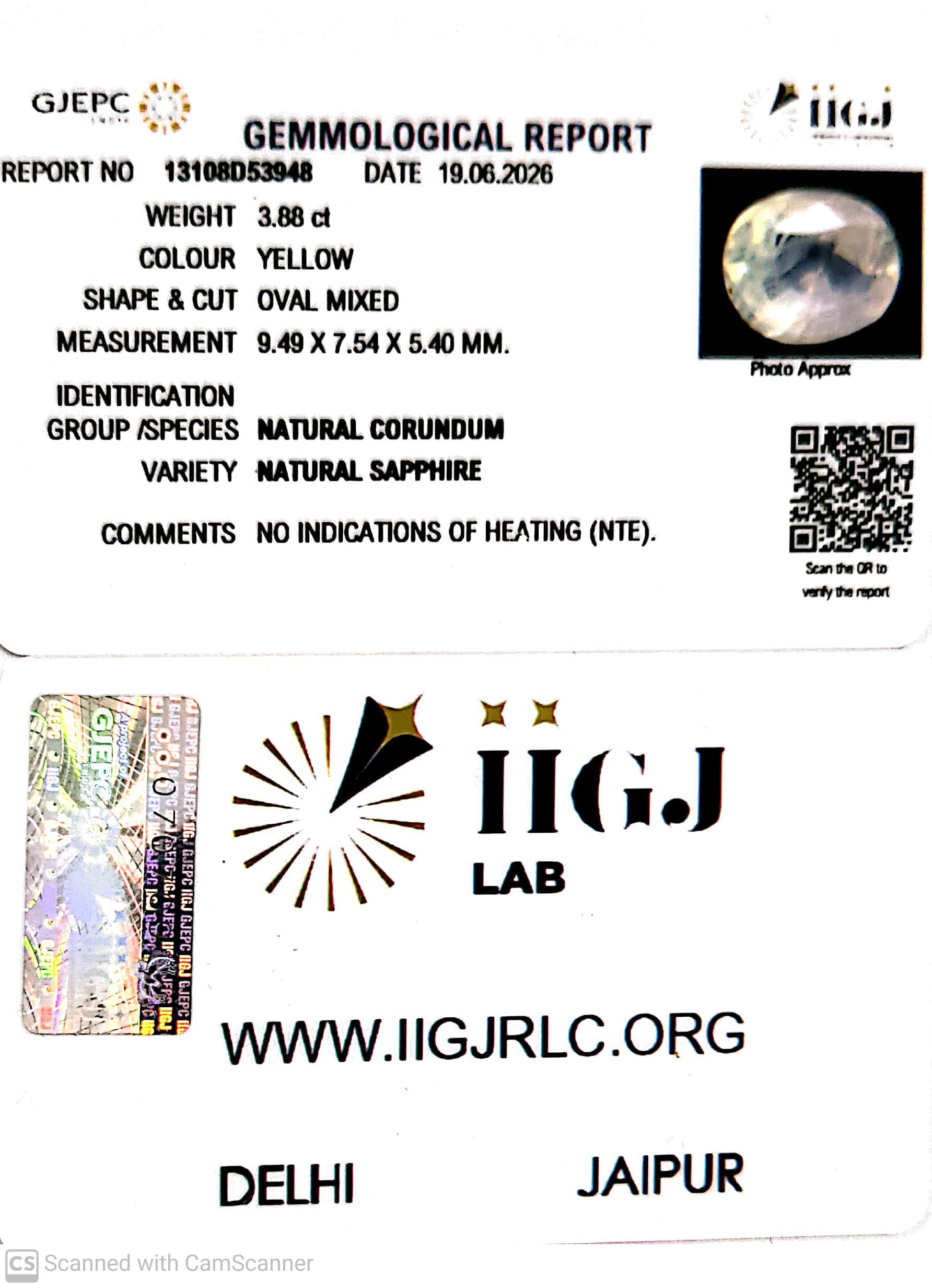 3.88/CT Natural Yellow Sapphire With Govt Lab Certificate-13108D53948