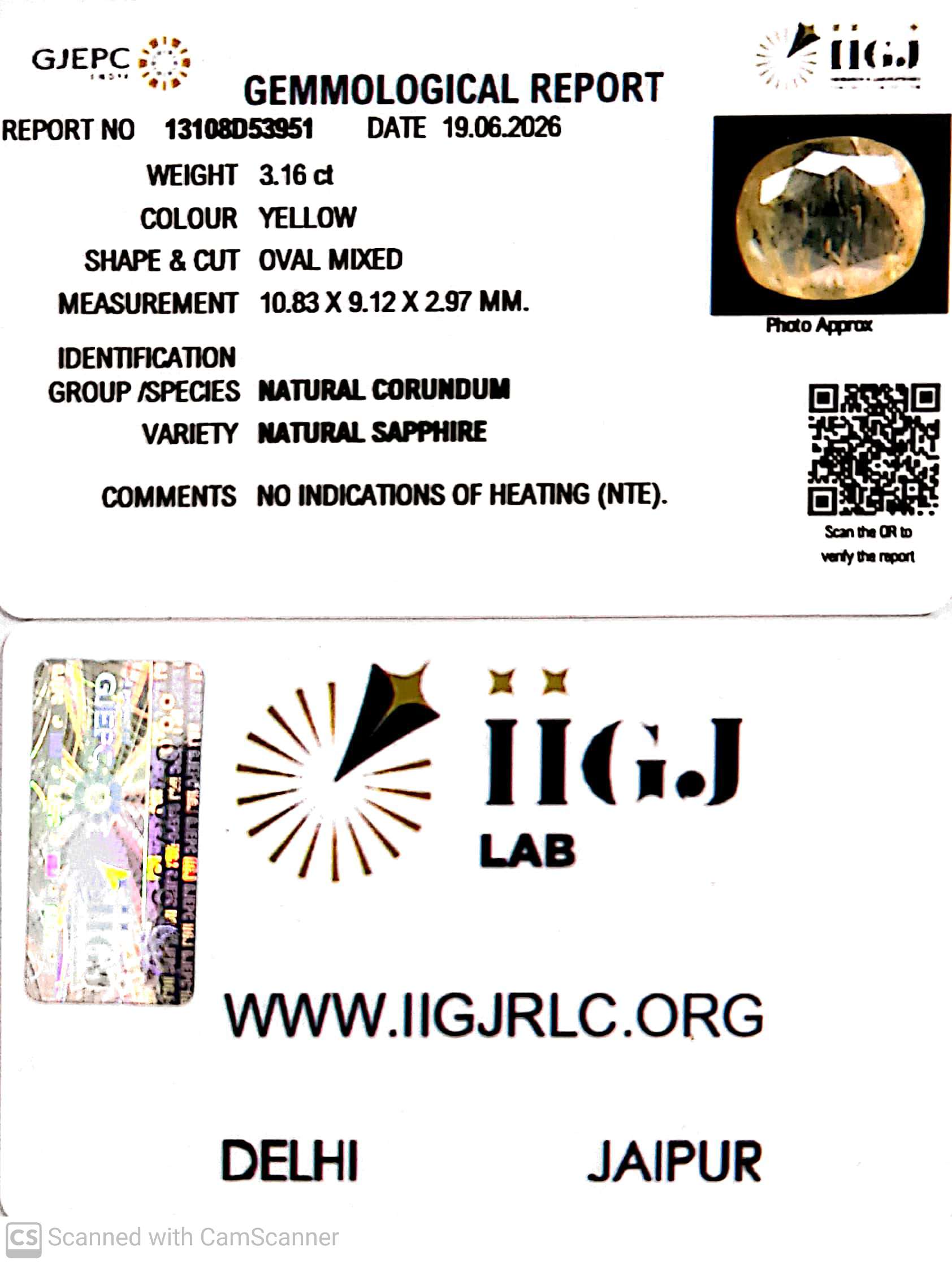 3.16/CT Natural Yellow Sapphire With Govt Lab Certificate-13108D53951