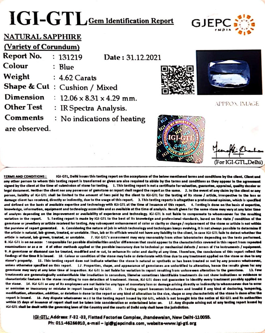 4.62/CT Natural Blue Sapphire with Govt Lab Certificate-BLUSA9V