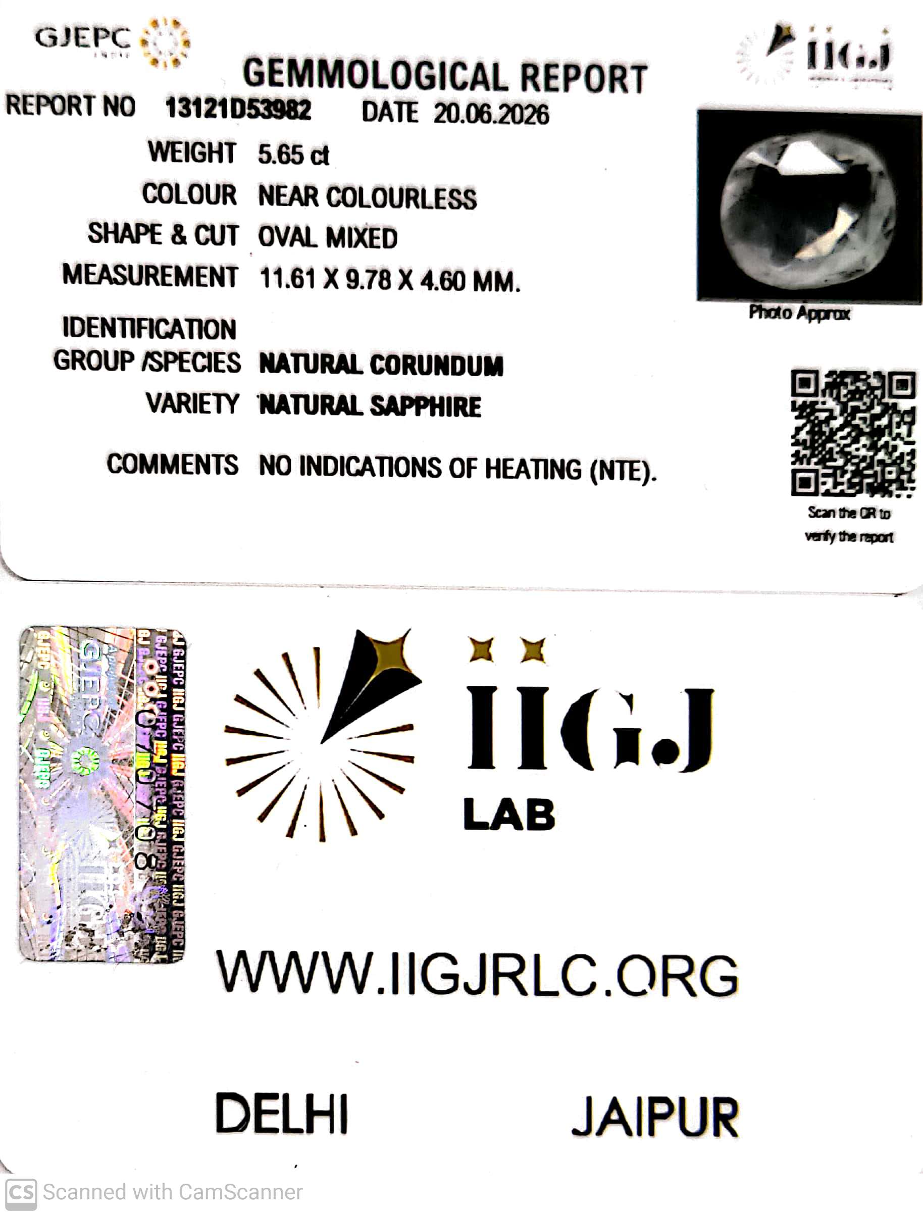 5.65/CT Natural White Sapphire with Govt Lab Certificate-13121D53982