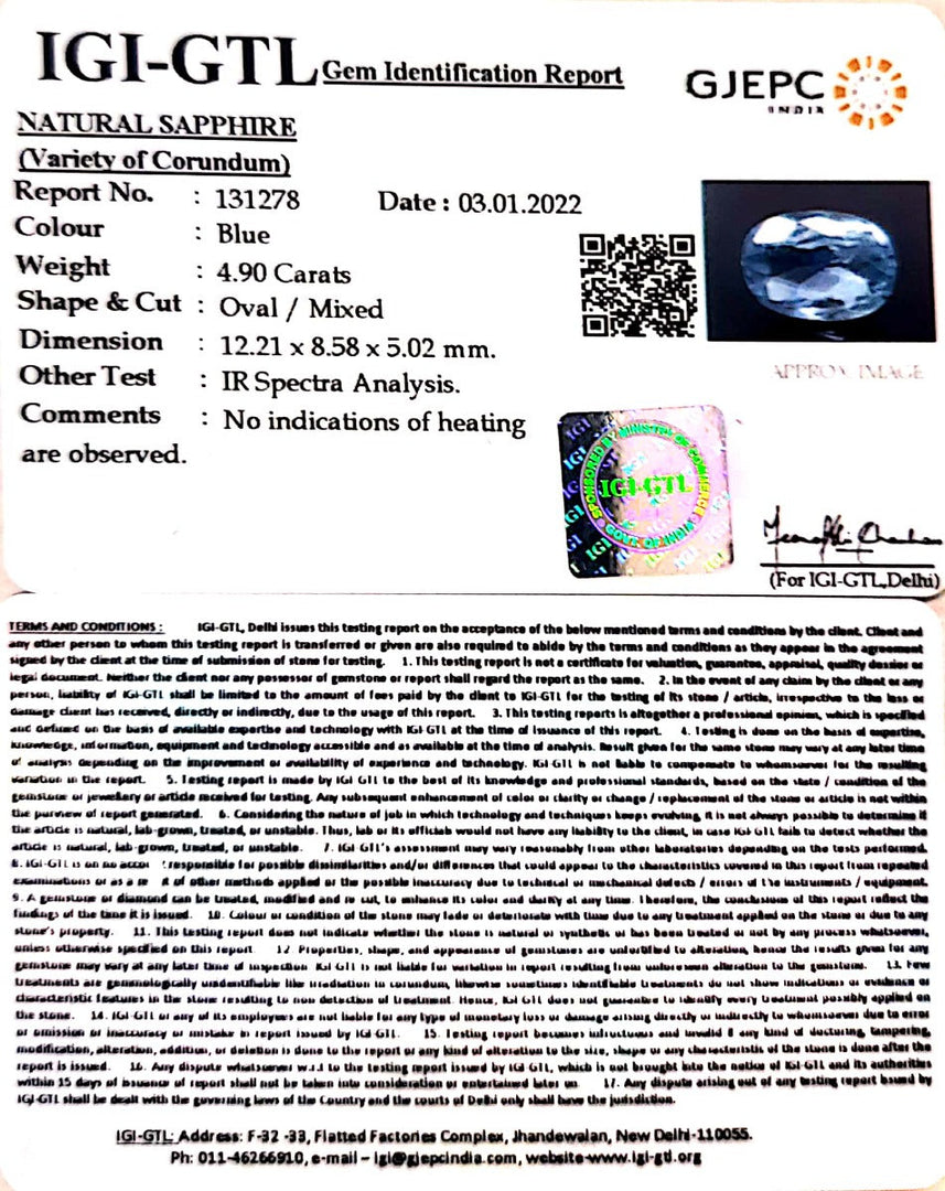 4.90/CT Natural Blue sapphire with Govt Lab Certificate-23310