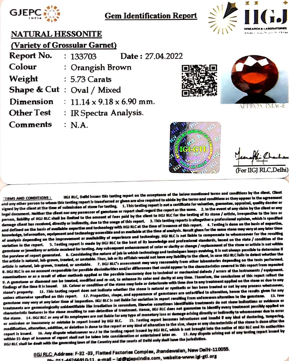 5.73/CT Natural Hessonite Garnet with Govt. Lab Certificate-(1221)