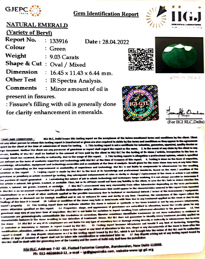 9.03/CT Natural Panna Stone with Govt. Lab Certified (4551)