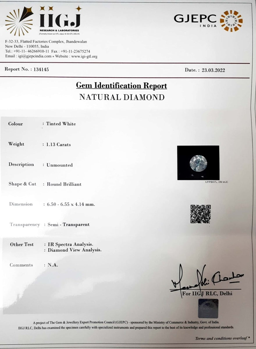 1.13/Carat Natural Diamond With Govt. Lab Certificate (180000)