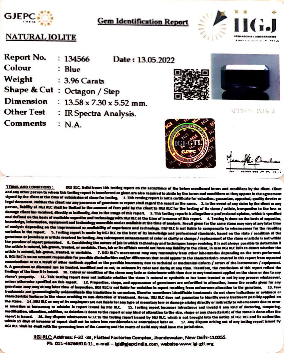 3.96/CT Natural Iolite with Govt Lab Certificate-(832)