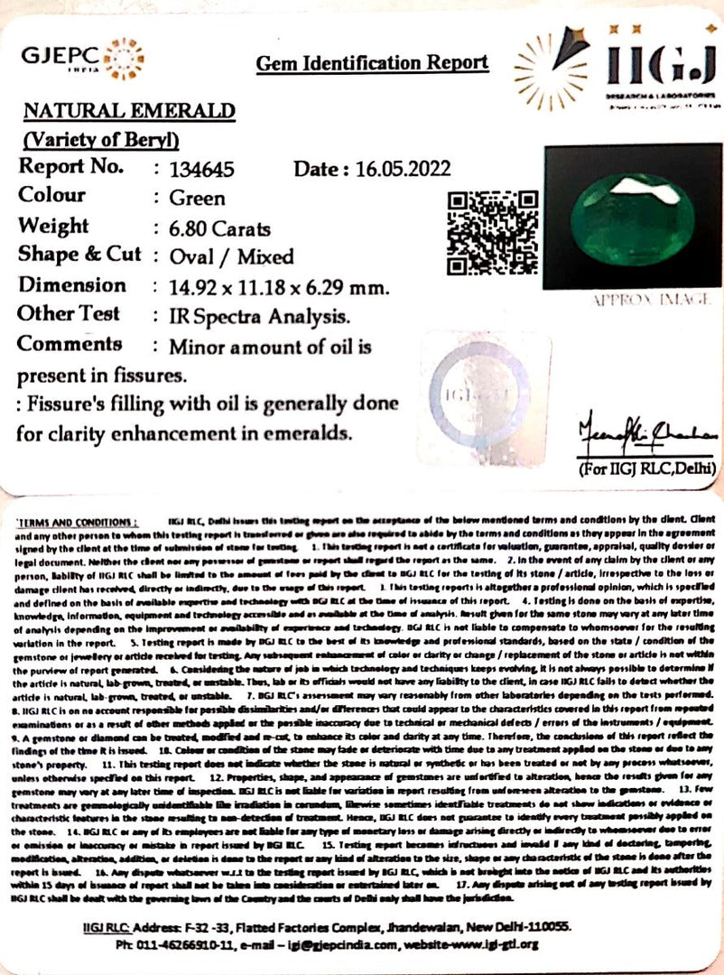 6.80/CT Natural Panna Stone with Govt. Lab Certified-12210