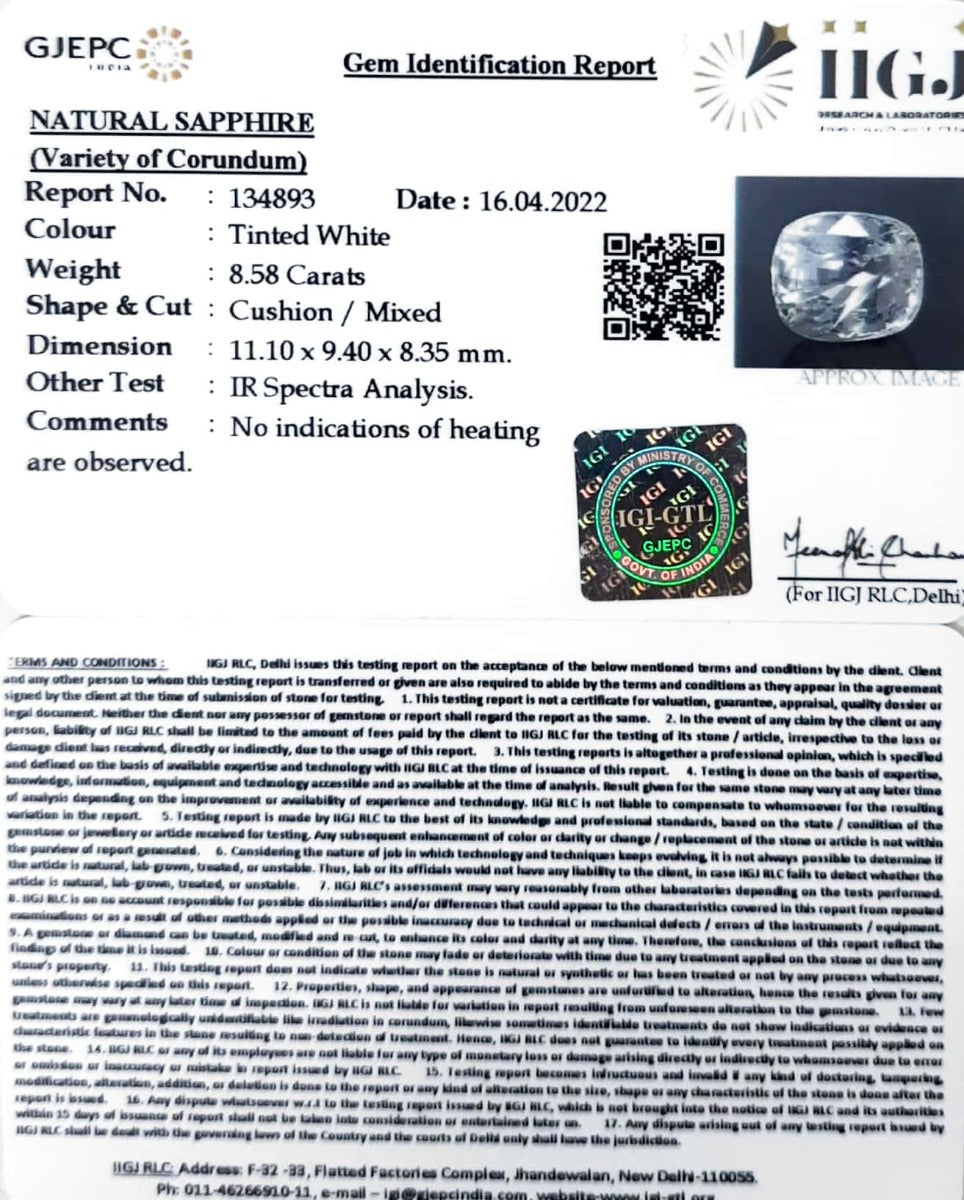 8.58/CT Natural White Sapphire with Govt Lab Certificate-134893