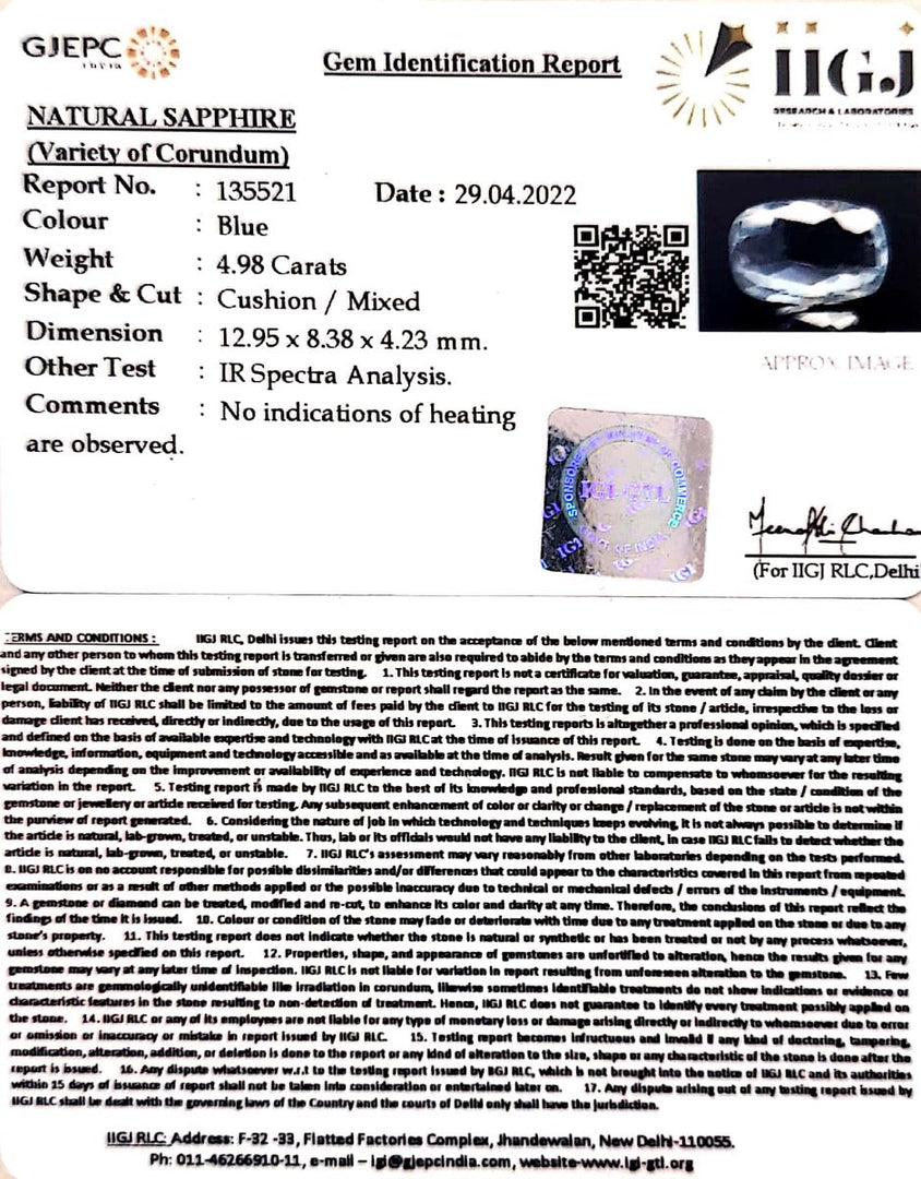 4.98/CT Natural Blue Sapphire with Govt Lab Certificate-BLUSA9U