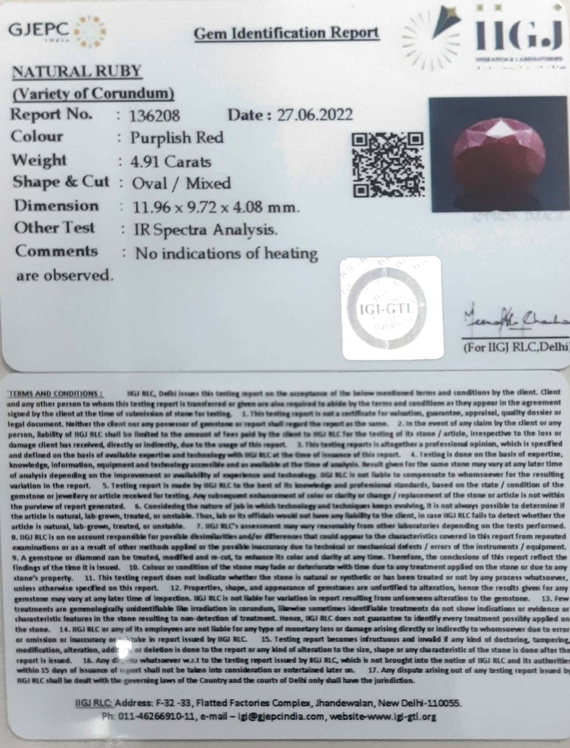 4.91/CT Natural Mozambique Ruby with Govt. Lab Certificate-12210