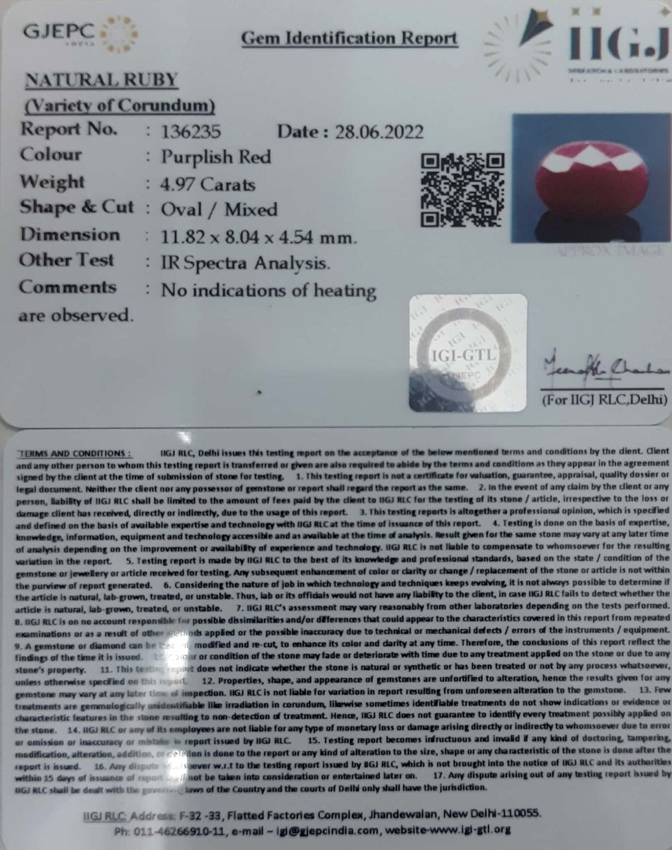 4.97/CT Natural Neo Burma Ruby with Govt. Lab Certificate-136235