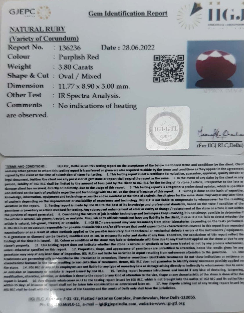 3.80/CT Natural Mozambique Ruby with Govt. Lab Certificate-12210